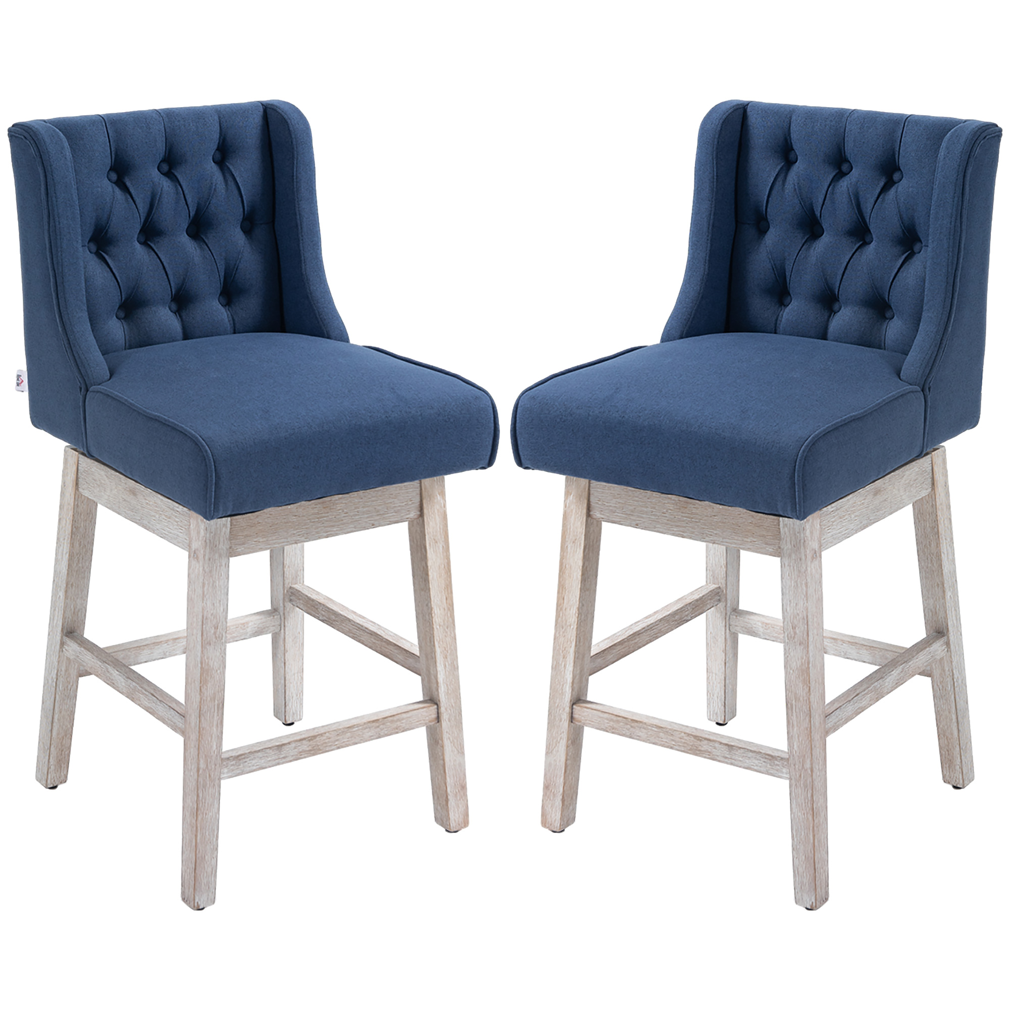 HOMCOM 27 Swivel Bar Stools Set of 2, Counter Height with Linen Upholstery and Button Tufted Design, Blue | Aosom.com