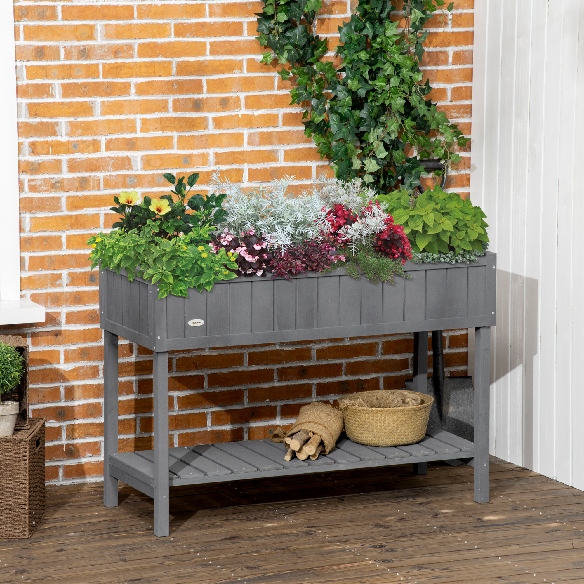 Outsunny 43.25" x 18" x 30" Raised Garden Bed, Wooden Plant Stand with 8 Grid Box, Storage Shelf for Outdoor, Dark Grey Aosom Canada