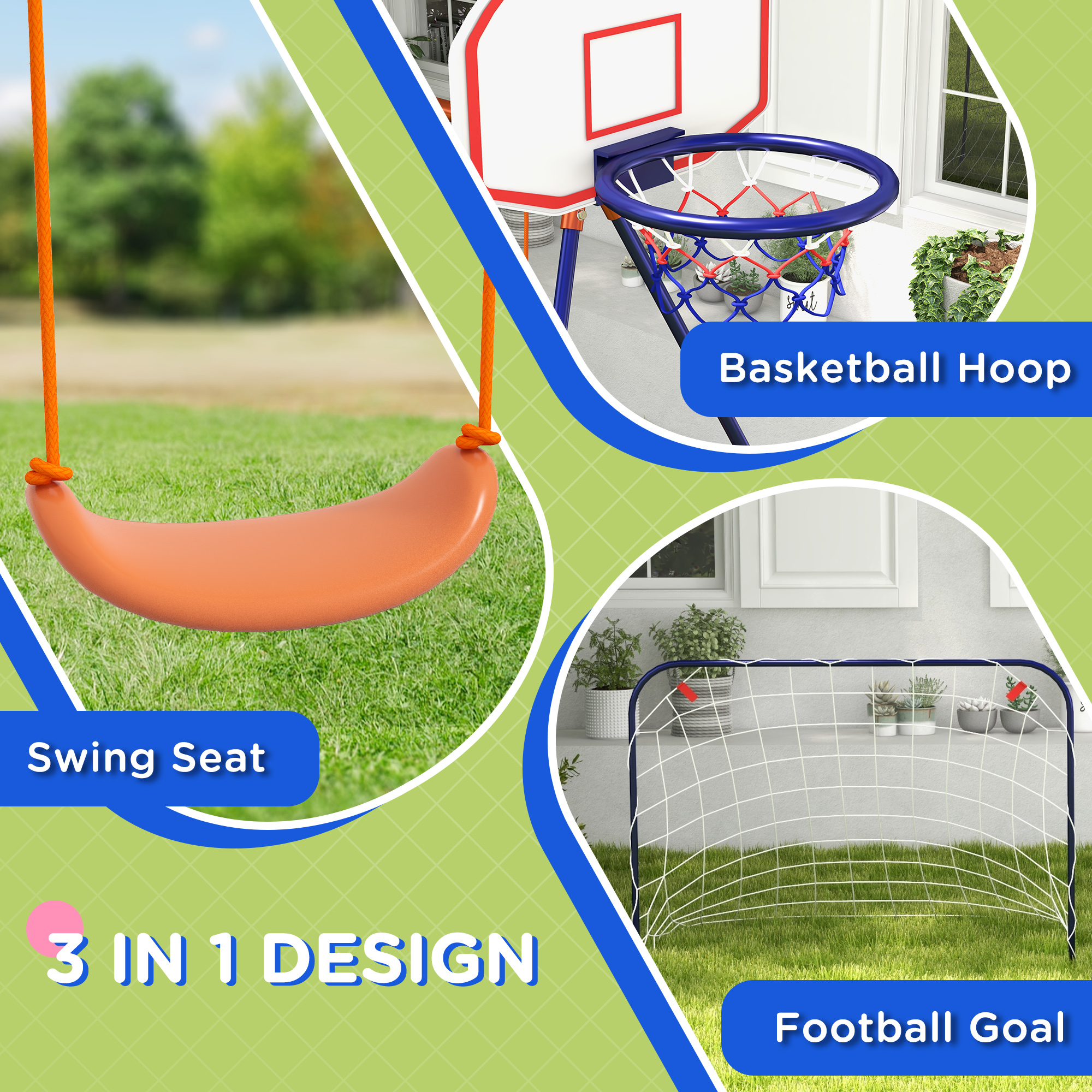 Outsunny Kids Swing Outdoor With Swing Seat, Basketball Hoop And Football Goal, Ground Stakes For 3-8 Years Old , Aosom Canada