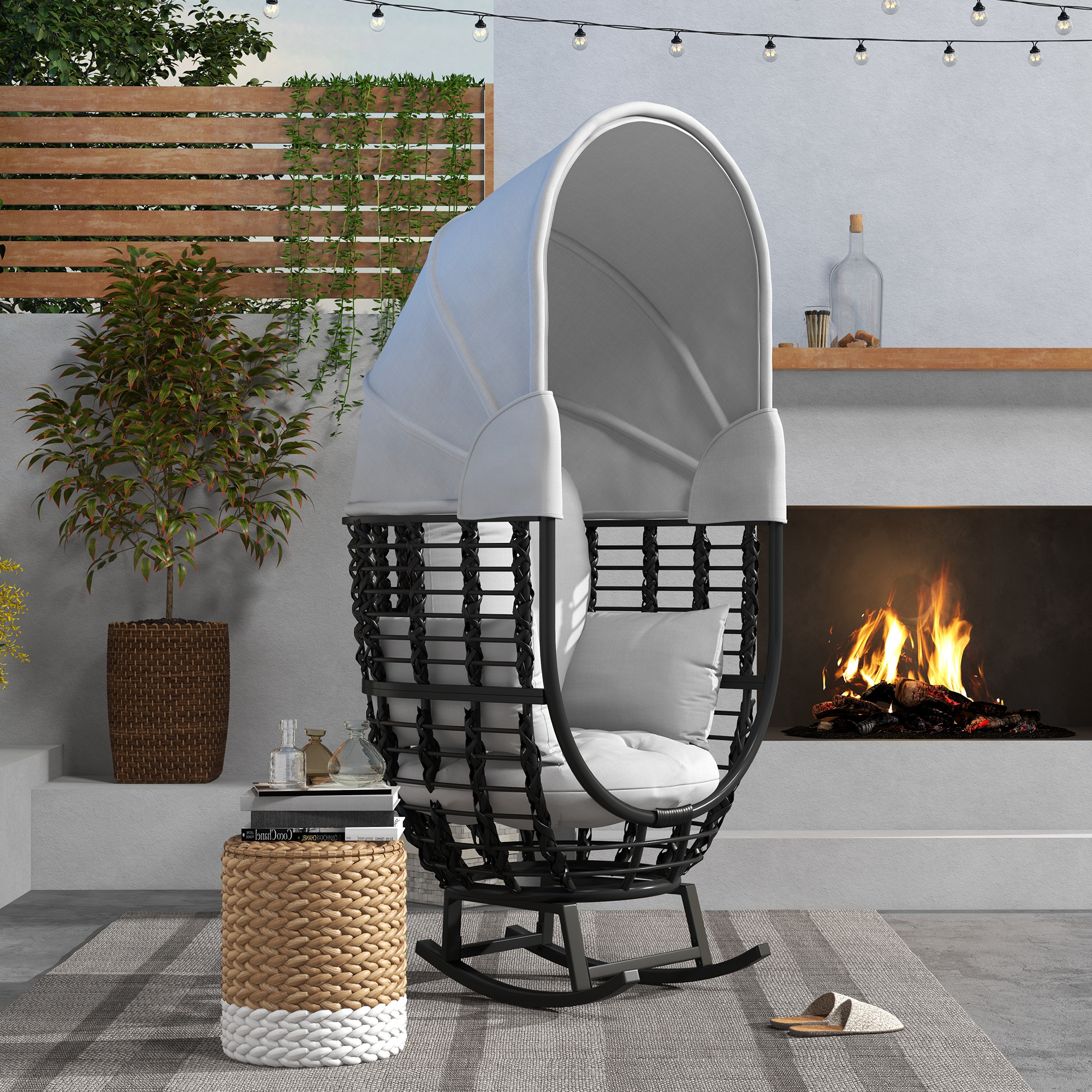 Outsunny Outdoor PE Rattan Rocking Chair with Retractable Canopy ...