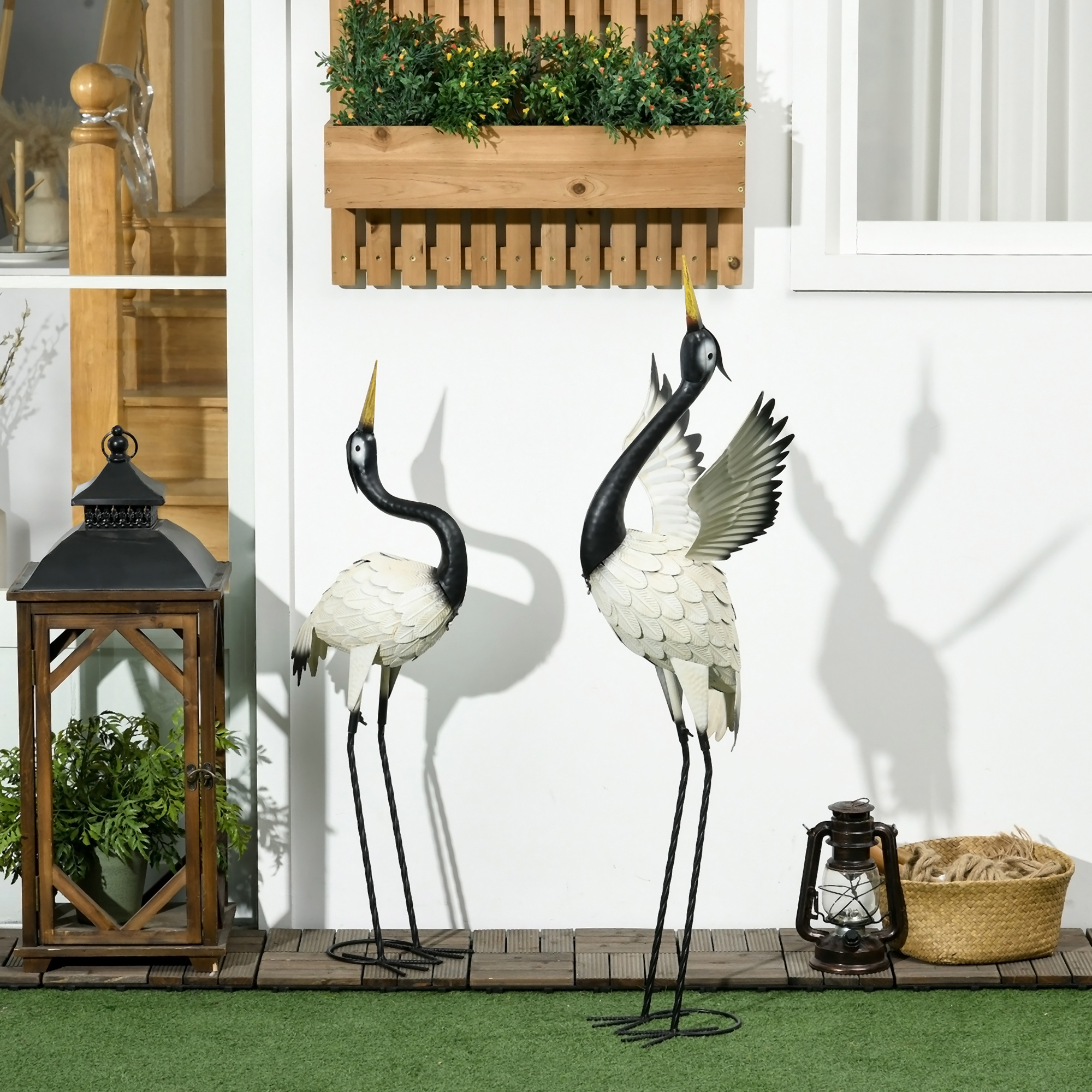 Outsunny 2pc Garden Heron Statues Metal Lawn Ornaments for Patio Backyard Decor White and Black Aosom Canada