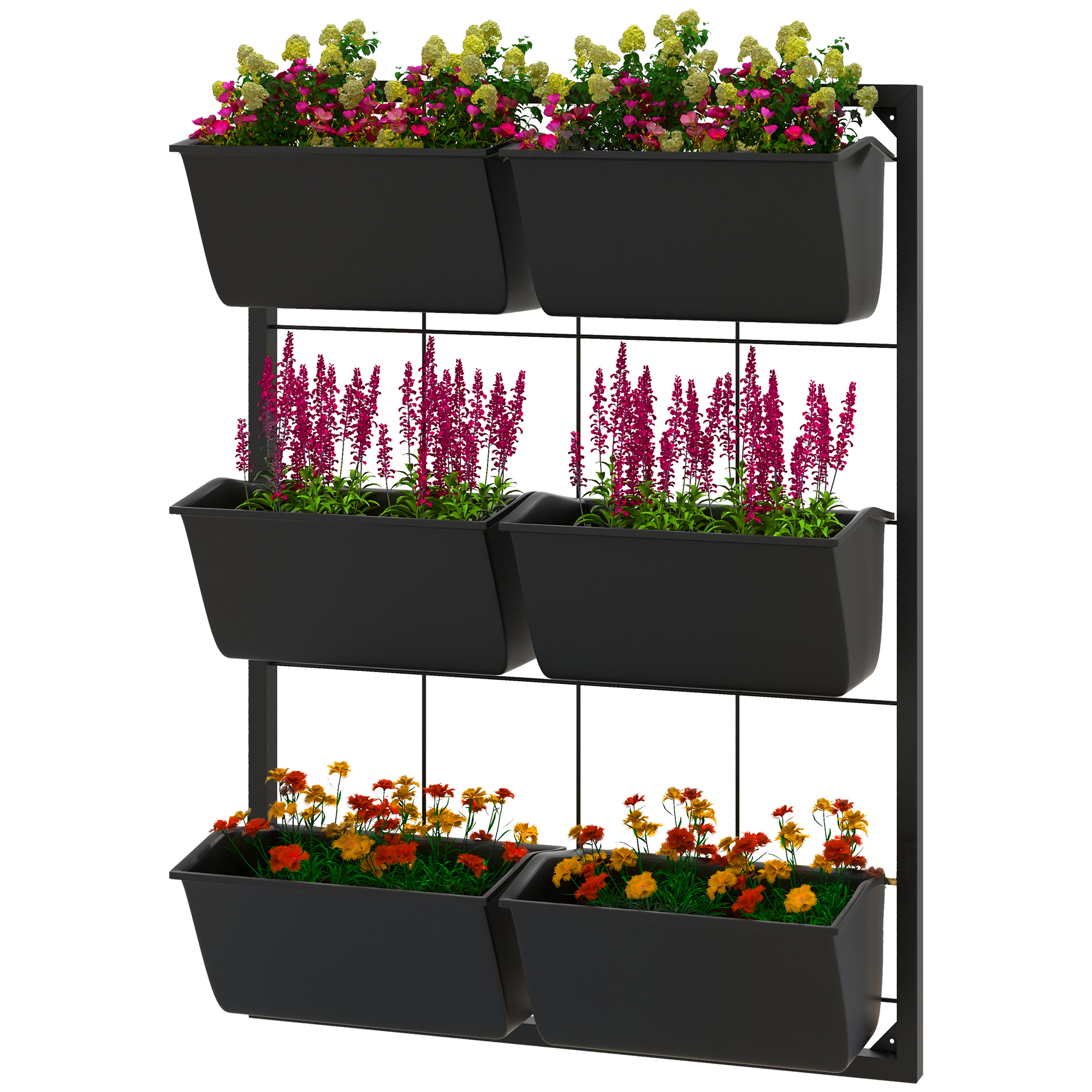 Outsunny Wall Planter with 6 Pots, 3-Tier Design, Black, Ideal for Flowers and Vegetables, Enhances Garden Space | Aosom.com