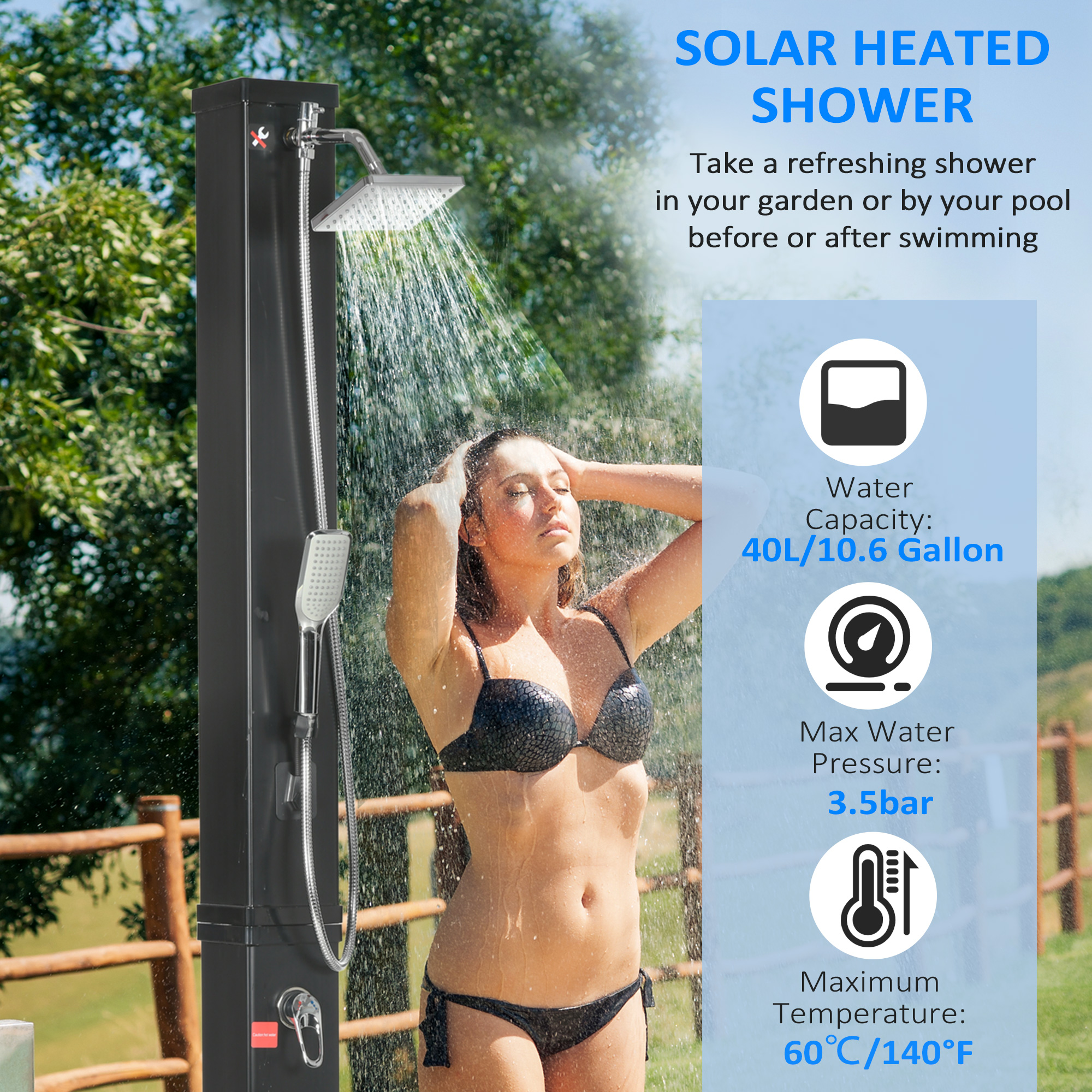 Outsunny 10.6Gal Outdoor Solar Shower W/ 360 Rainfall, Handheld Head, 60℃ Temperature Adjustment For Backyard Poolside Beach Spa , Aosom Canada