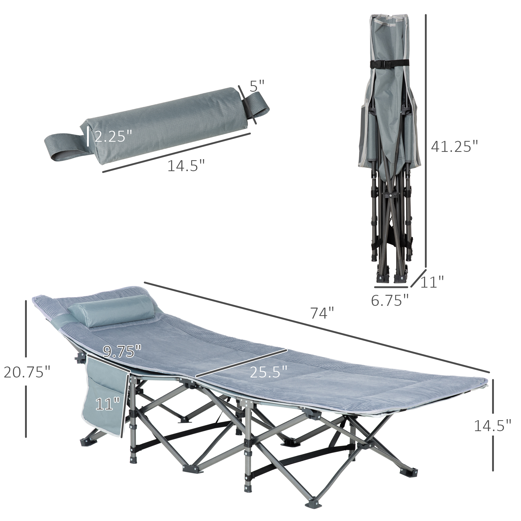 Outsunny Folding Camping Cot With Mattress & Pillow, Double Layer Oxford Heavy Duty Sleeping Cot With Carry Bag Dark Grey , Aosom Canada