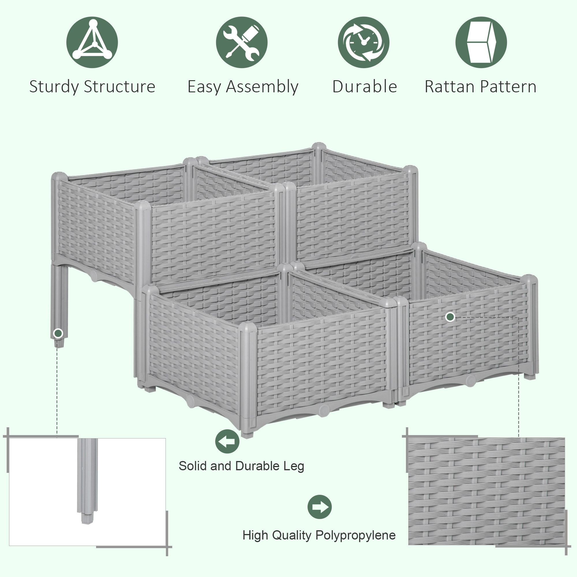 Outsunny 4-piece Raised Garden Bed PP Raised Flower Bed Vegetable Herb Grow Box Stand Grey , Aosom Canada