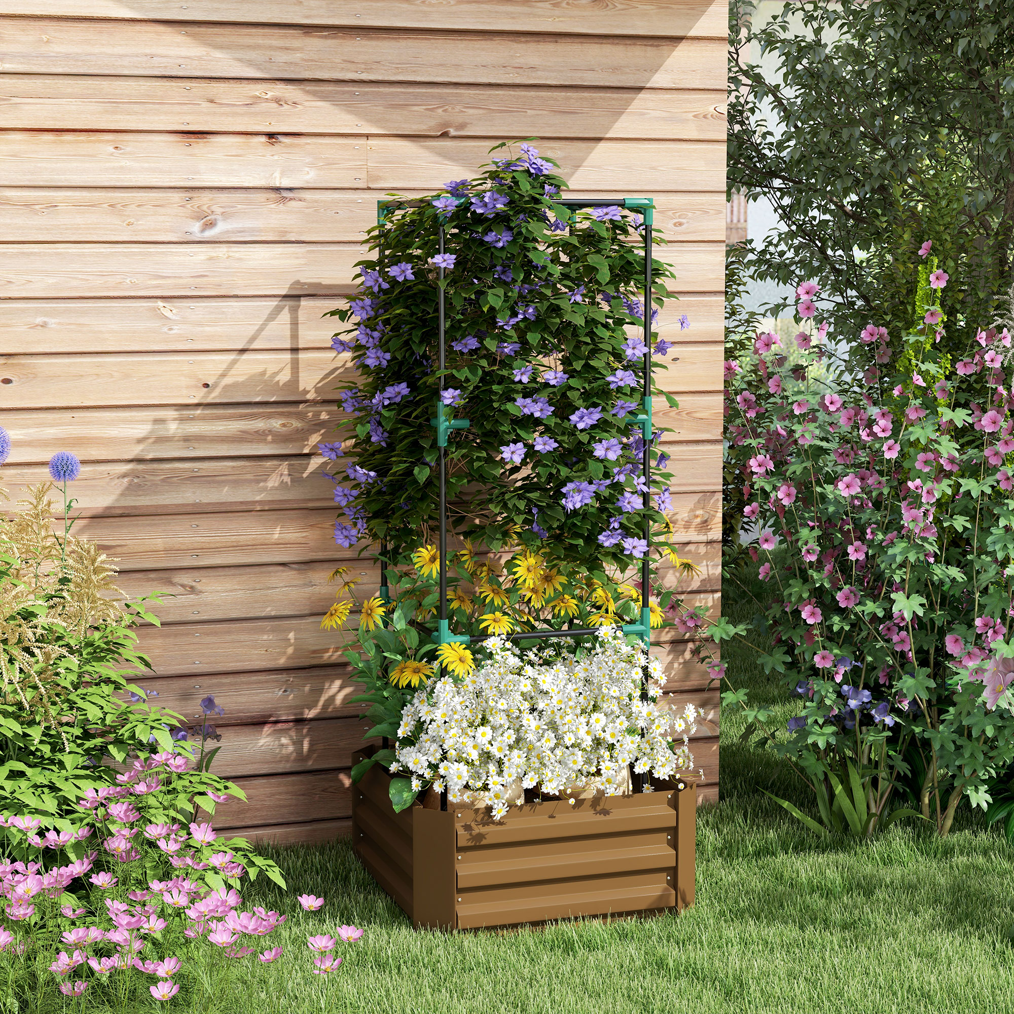 Outsunny Durable Galvanized Planter Box with 3-Tier Trellis for Climbing Plants Outdoor Raised Garden Bed Brown Aosom Canada