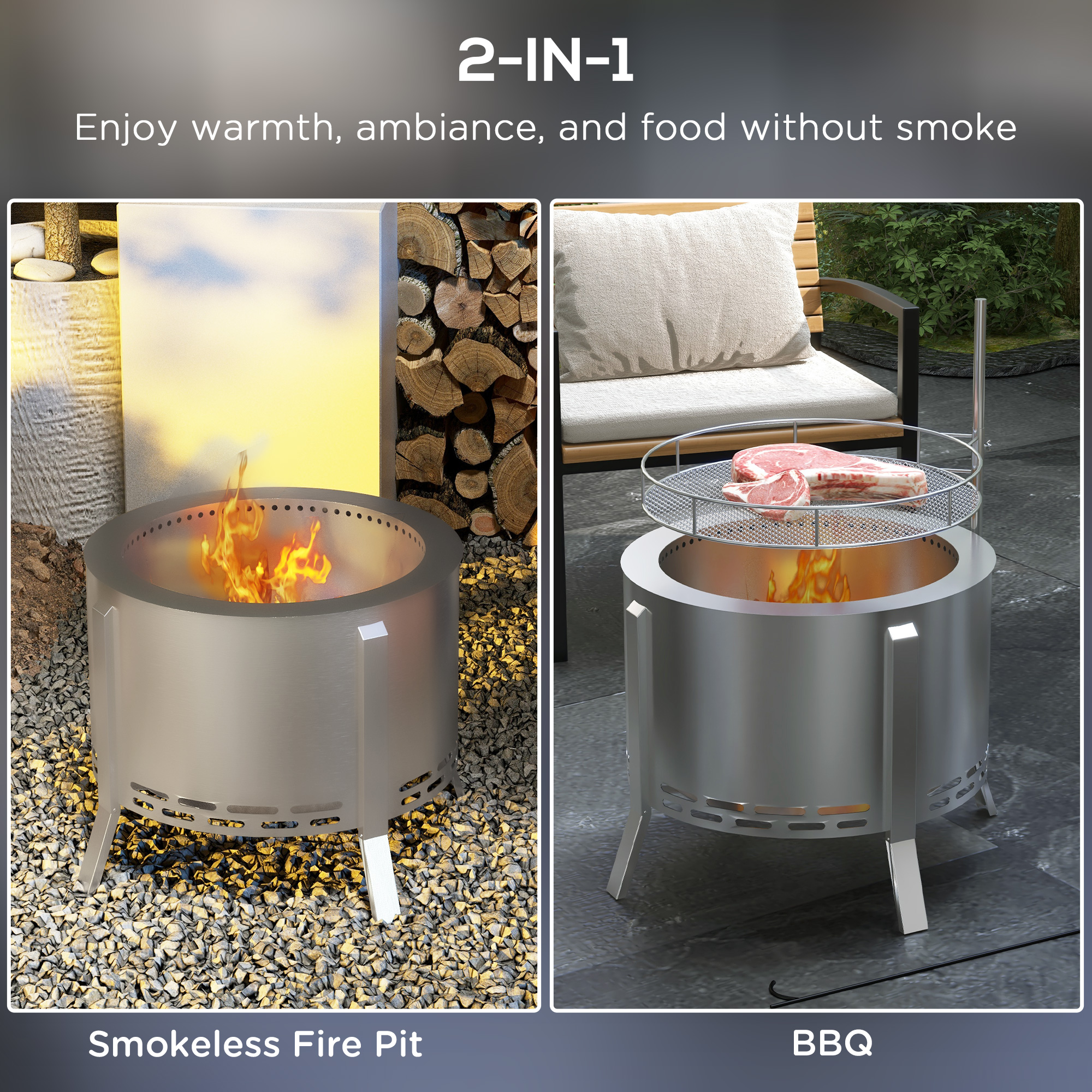 Outsunny 2-in-1 Smokeless Fire Pit BBQ Grill Portable Camping Bonfire Stove With Poker, Stainless Steel, Silver