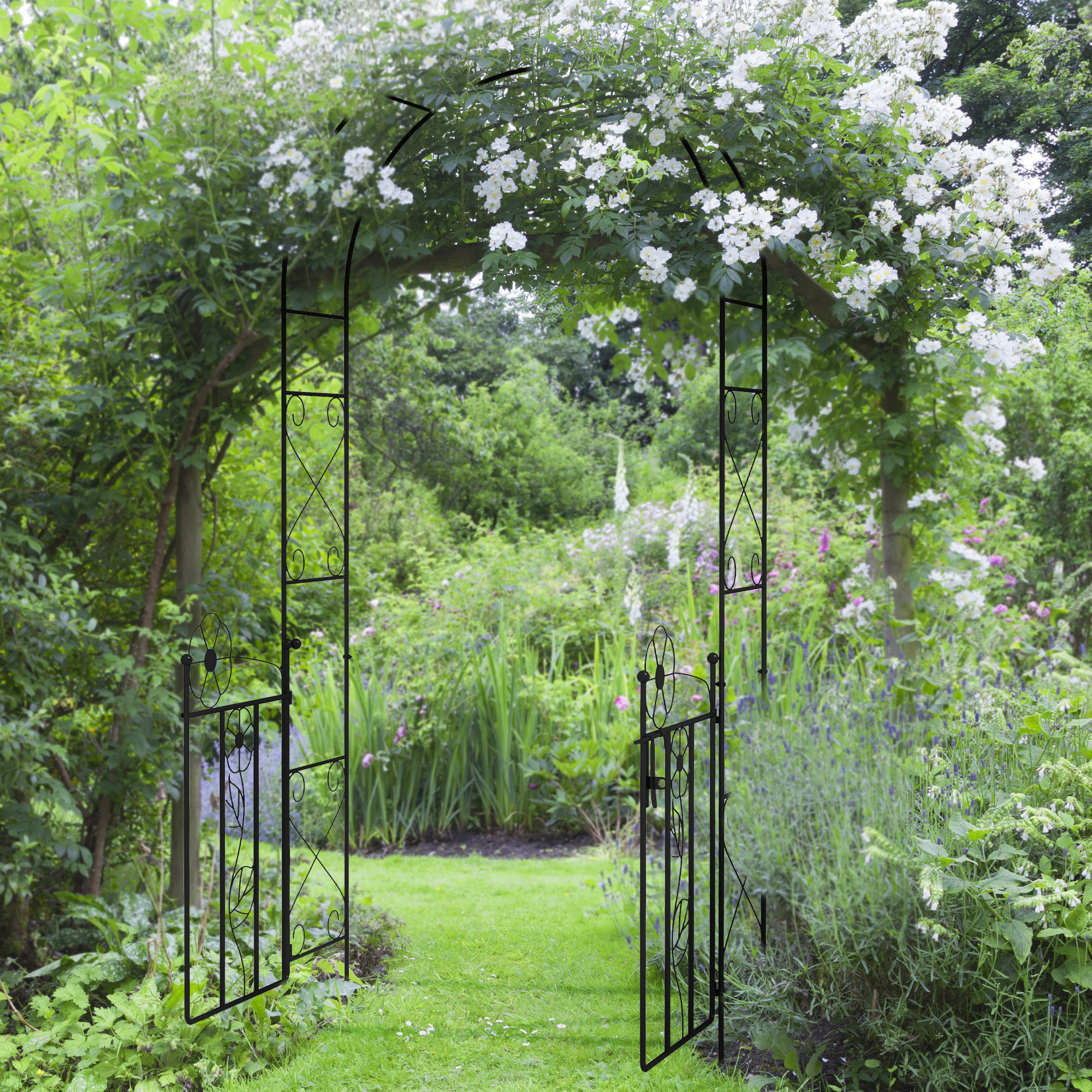 Outsunny 7.5FT Metal Garden Arbor with Double Gate, Arch Trellis for ...