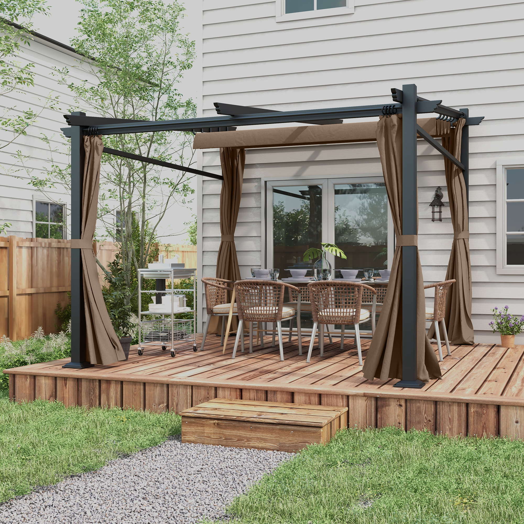 Outsunny 10'x10' Metal Pergola with Retractable Sliding Roof Canopy Coffee Outdoor Shade Structure Aosom Canada