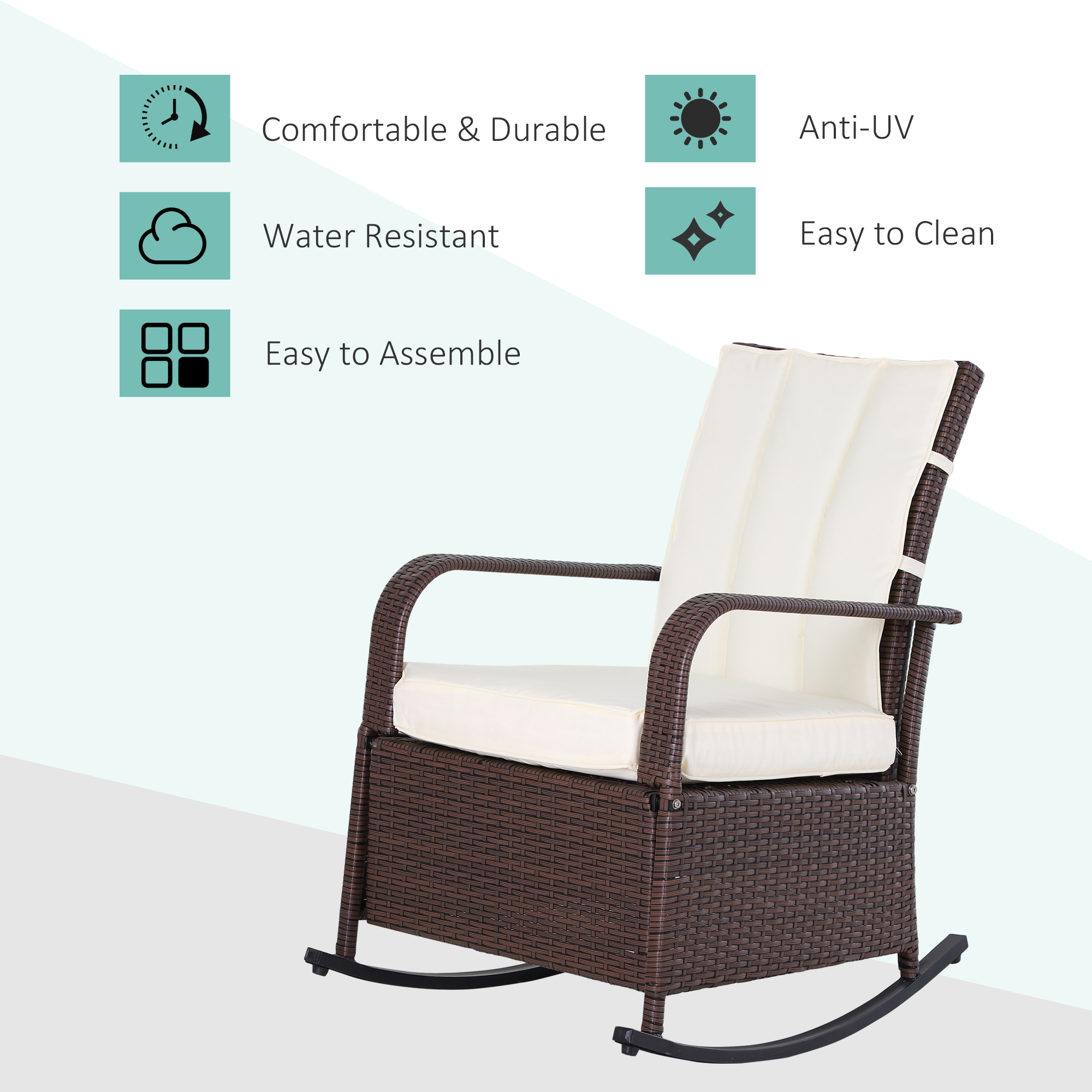 Outsunny Outdoor Wicker Rocking Chair With Cushion, Patio PE Rattan Recliner Chair With Adjustable Footrest, Armrests, Cream White , Aosom Canada