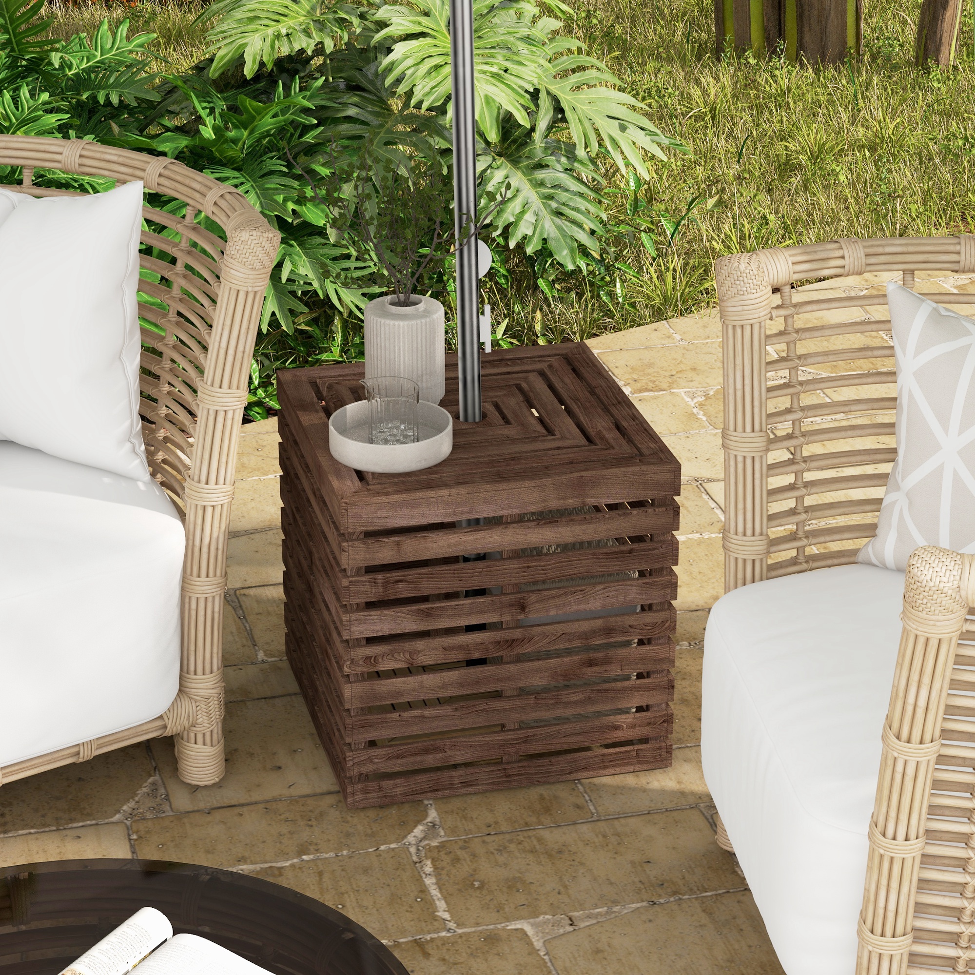 Outsunny 2-in-1 Outdoor Umbrella Base Storage Box Wooden Patio
