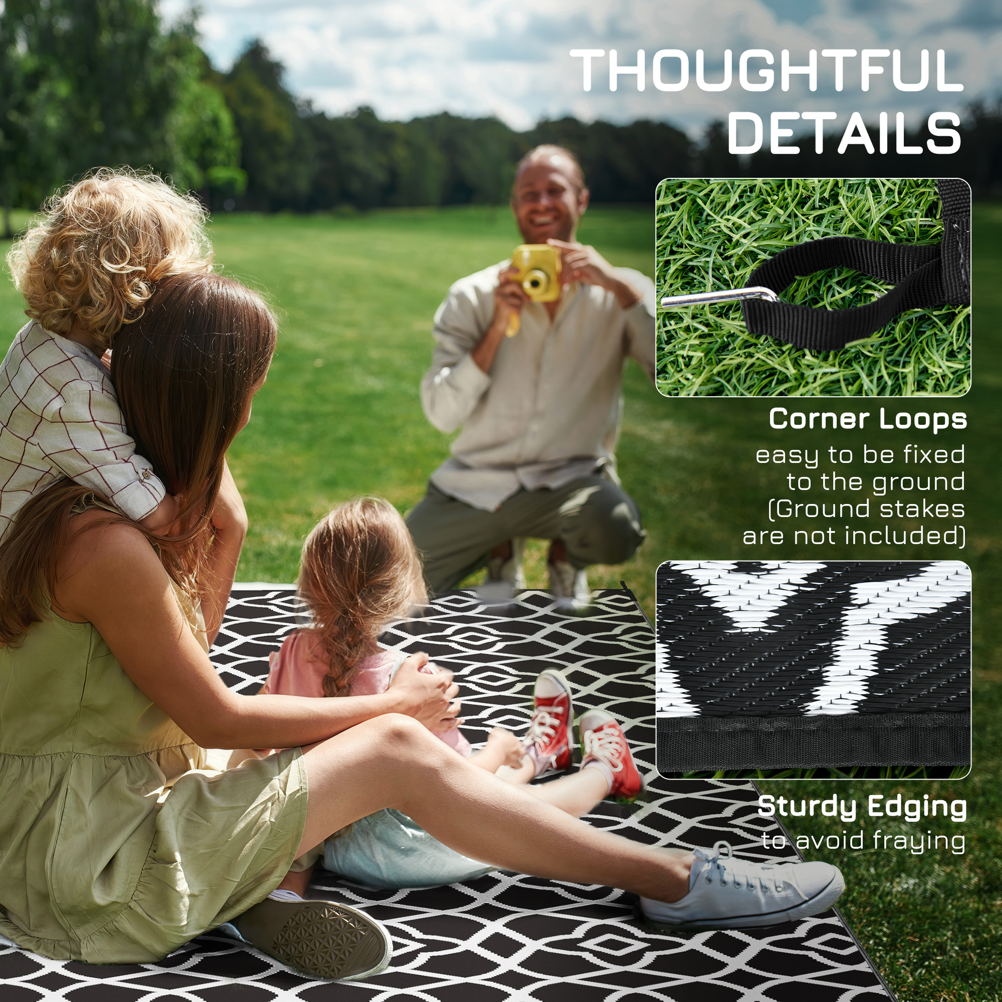 Outsunny Reversible Outdoor Rug, Waterproof Plastic Straw RV Rug With Carry Bag, 9' X 18', Black And White Clover , Aosom Canada