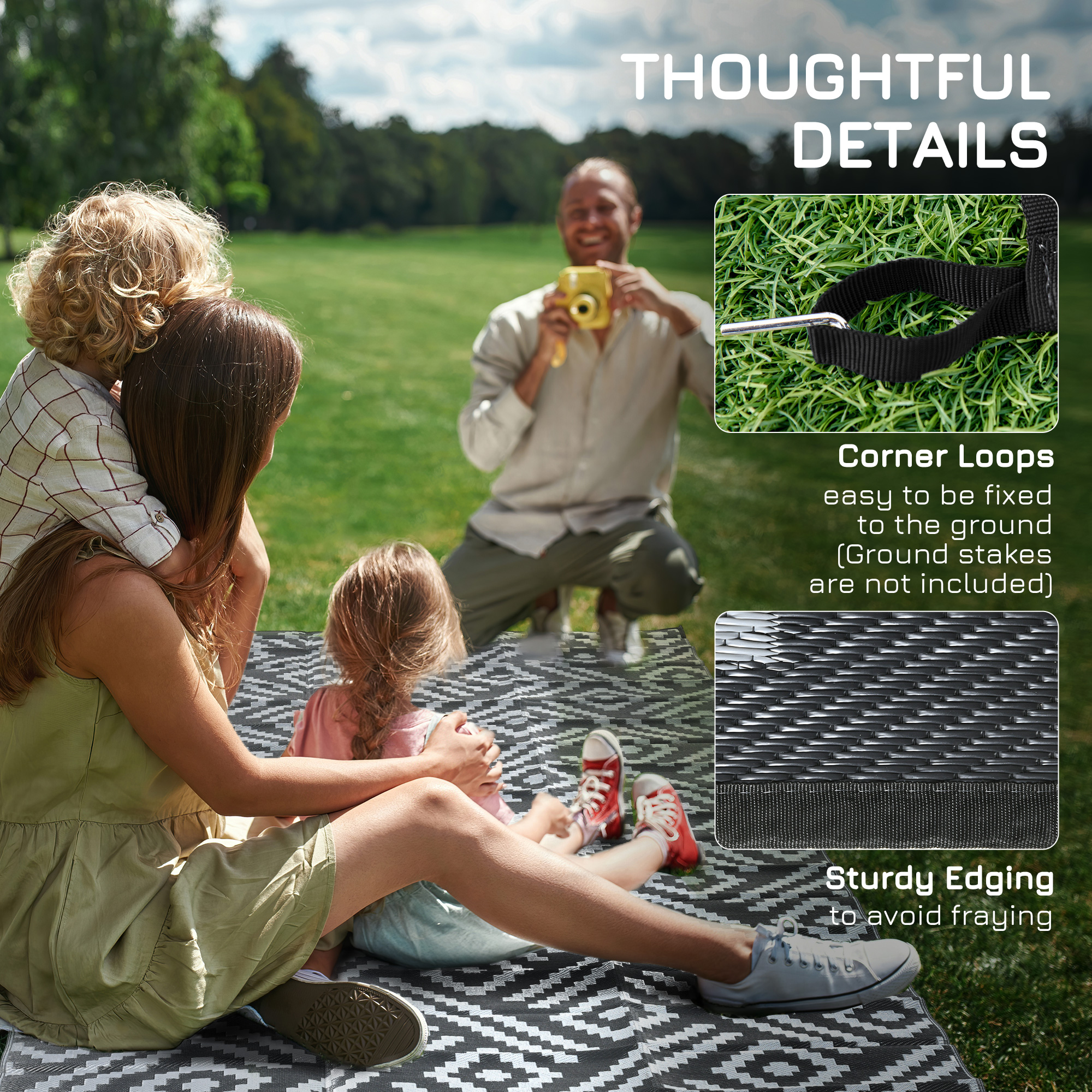 Outsunny Reversible Outdoor Rug Waterproof Plastic Straw RV Rug With Carry Bag, 8' X 10', Black And Grey Geometric , Aosom Canada