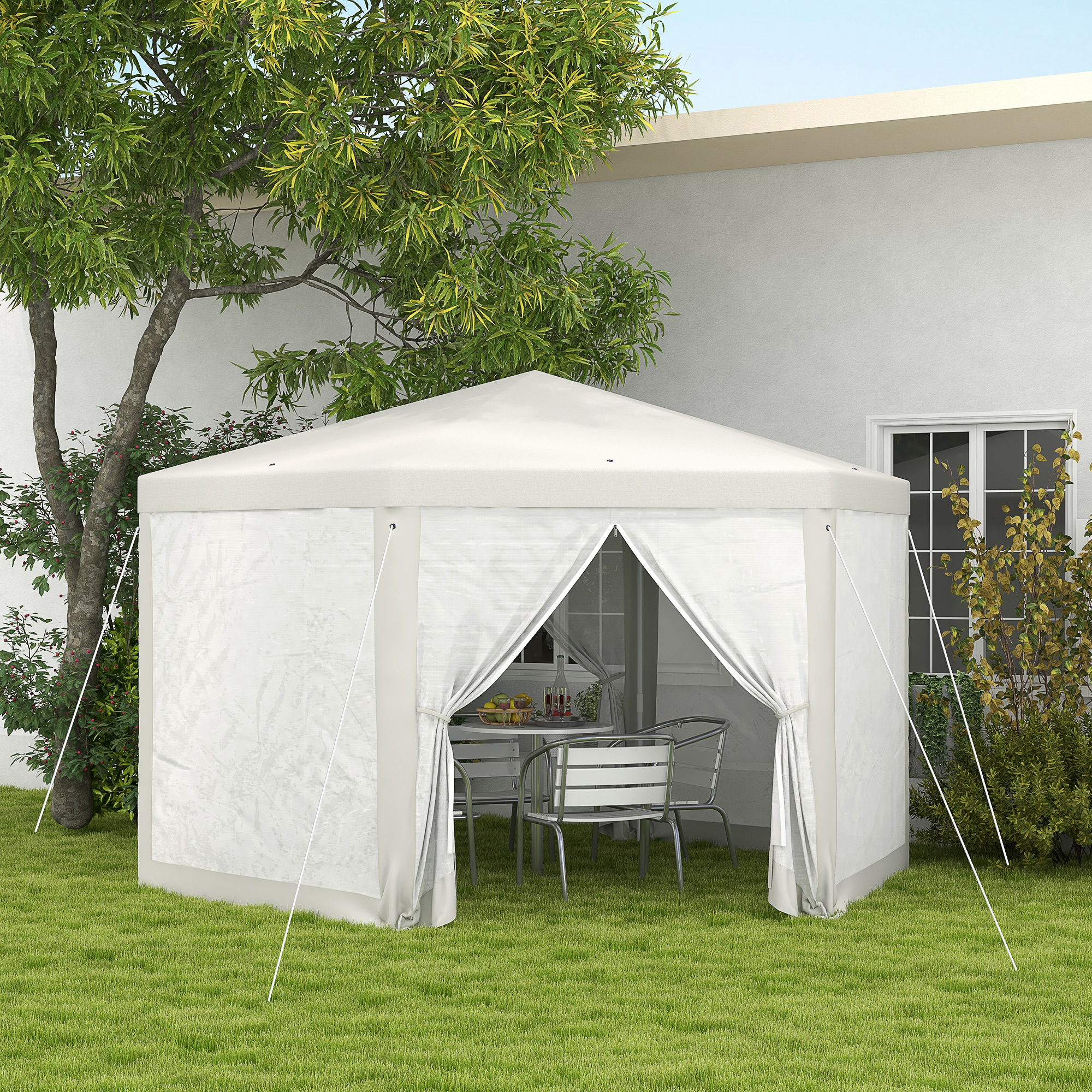 Outsunny 13' X 11' Hexagon Outdoor Party Tent Sun Shelter Canopy With Protective Mesh Screen Walls, Cream White