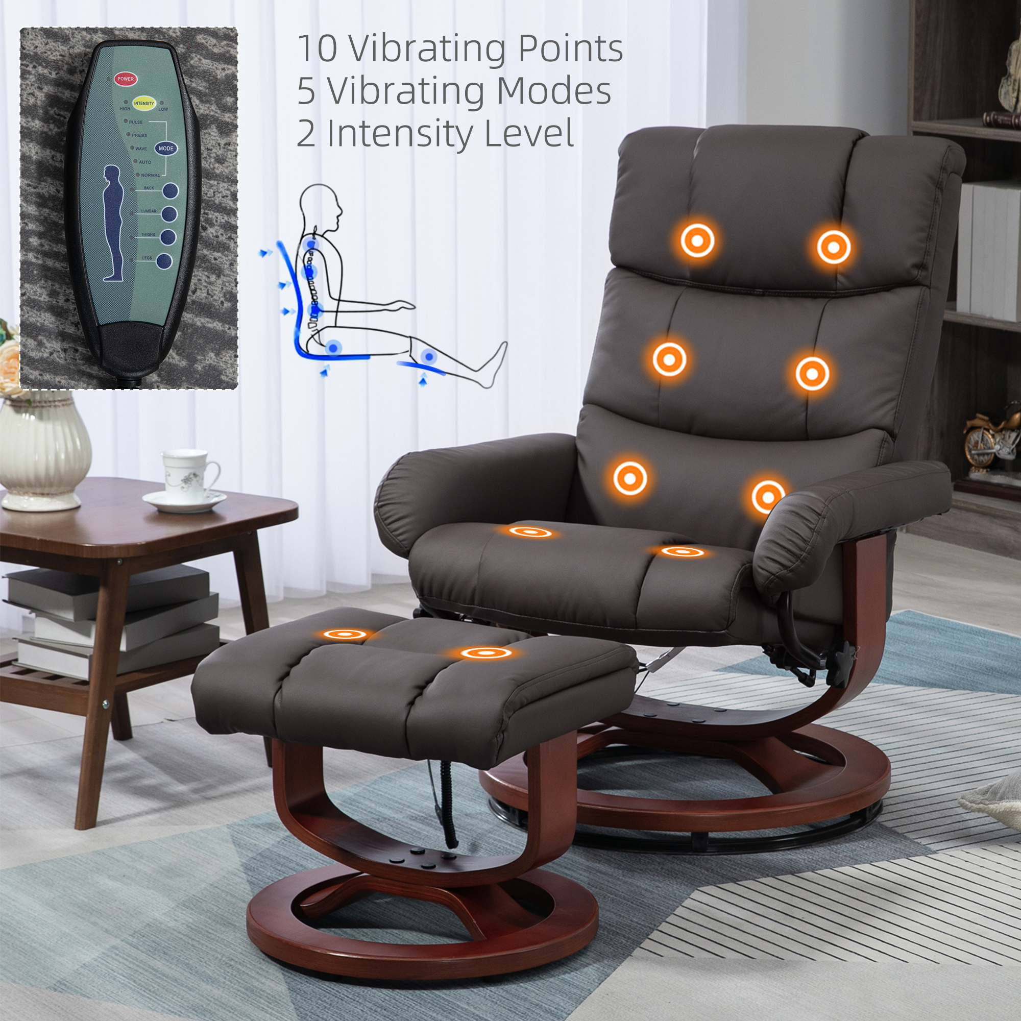HOMCOM Swivel Recliner with Ottoman Massage Recliner Chair and Ottoman Faux Leather Reclining Chair with Remote Brown | Aosom.com HOMCOM Swivel Recliner with Ottoman Massage Recliner Chair and Ottoman Faux Leather Reclining Chair with Remote Brown | Aosom.com