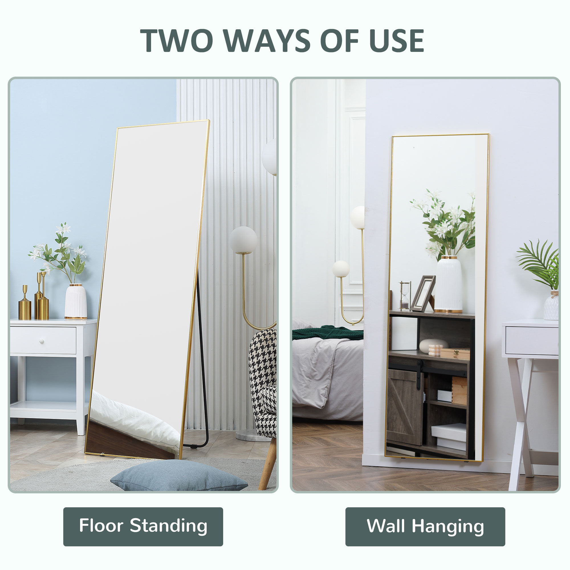 HOMCOM Full-Length Dressing Mirror, Hanging Or Leaning, Aluminum Alloy Full Body Mirror For Bedroom, Living Room, Golden Frame , Aosom Canada