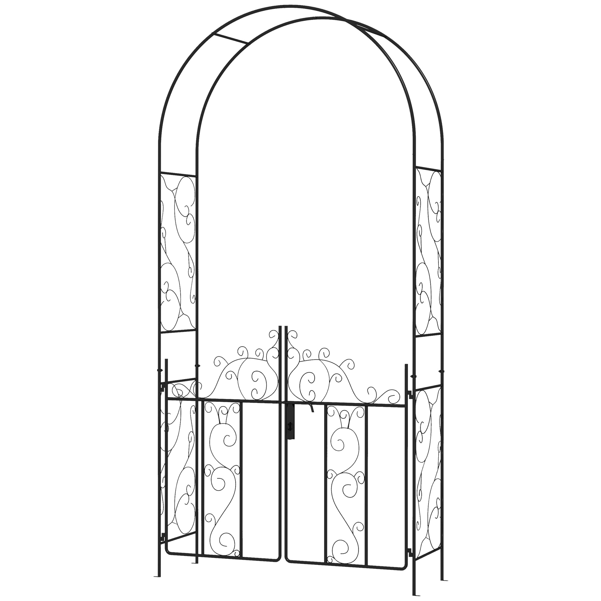 Outsunny 89.25ft Metal Garden Arbor, Locking Double Doors, Water-Resistant, Arbor Trellis for Climbing Vines, Ceremony, Lawn, Black | Aosom.com