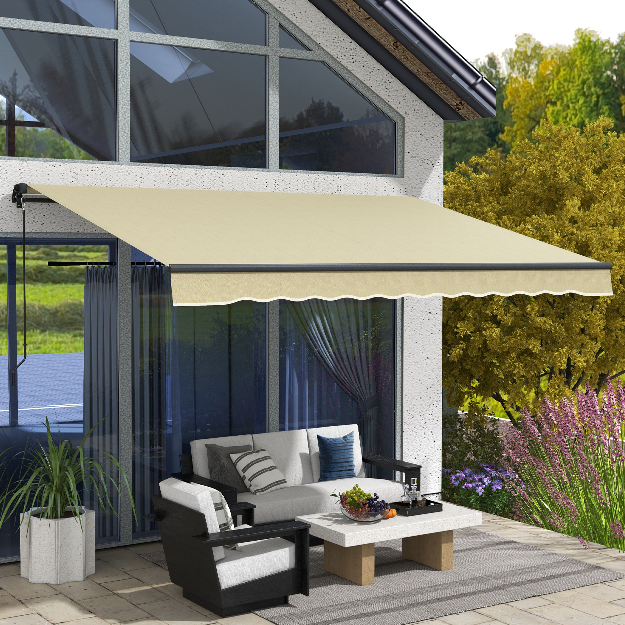 Outsunny 12' X 10' Retractable Awning, 280gsm UV Resistant Sunshade Shelter For Deck, Balcony, Yard, Beige