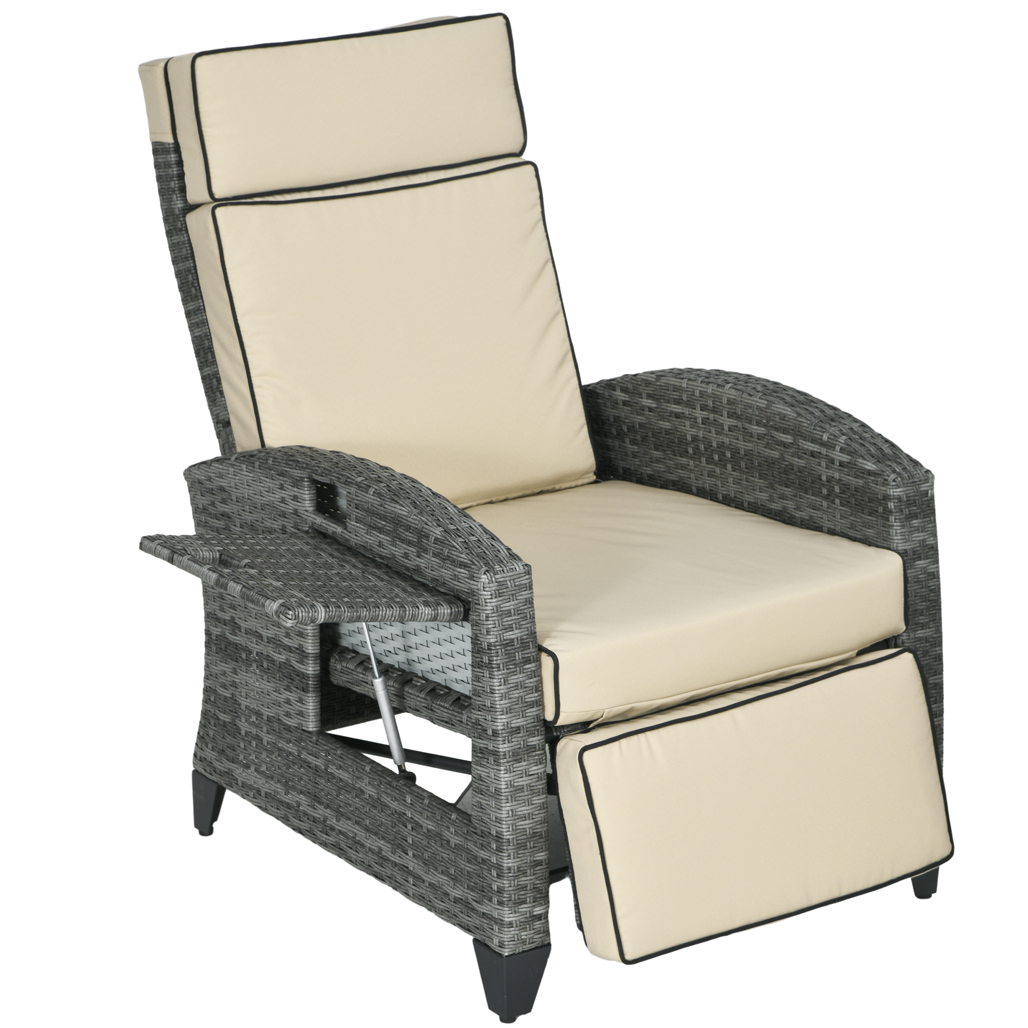 Outsunny Outdoor Recliner Chair with Adjustable Backrest, Cushion, Side Tray, Khaki