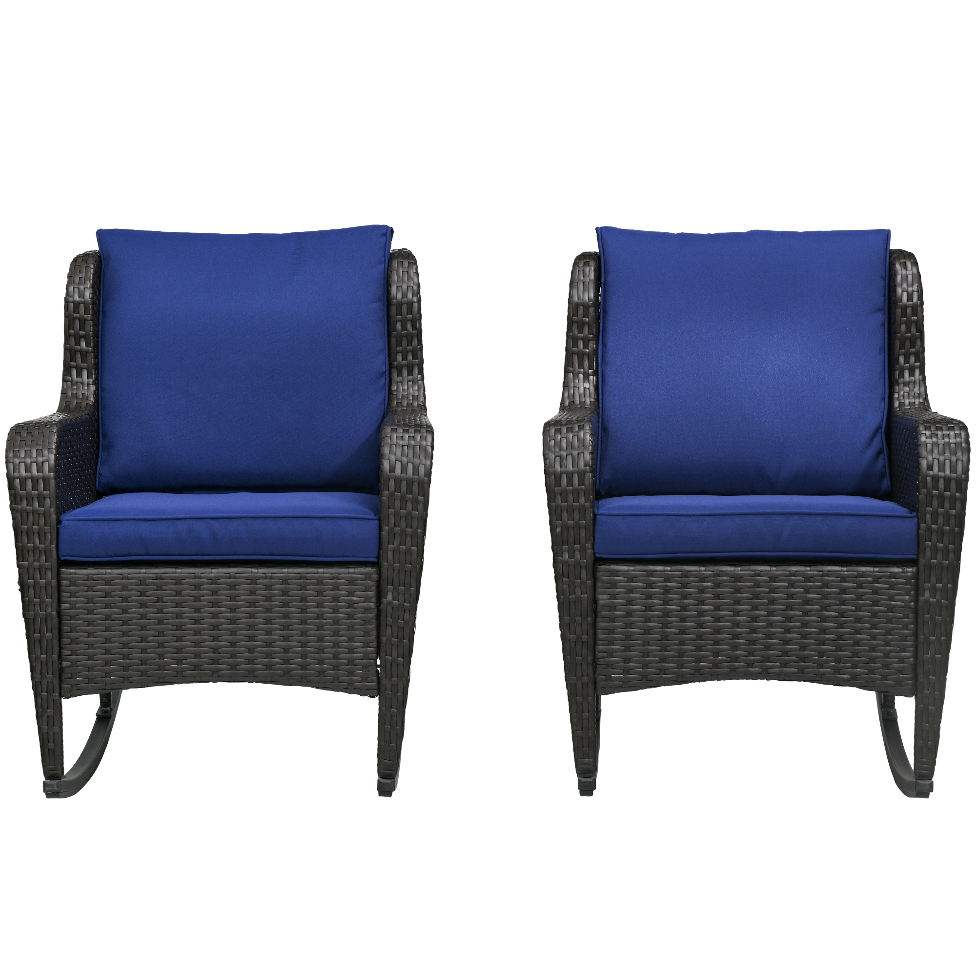 Outsunny 2 Piece Outdoor Wicker Rocking Chair Dark Blue Rattan Rocker Cushions Steel Frame Patio Garden Backyard | Aosom.com