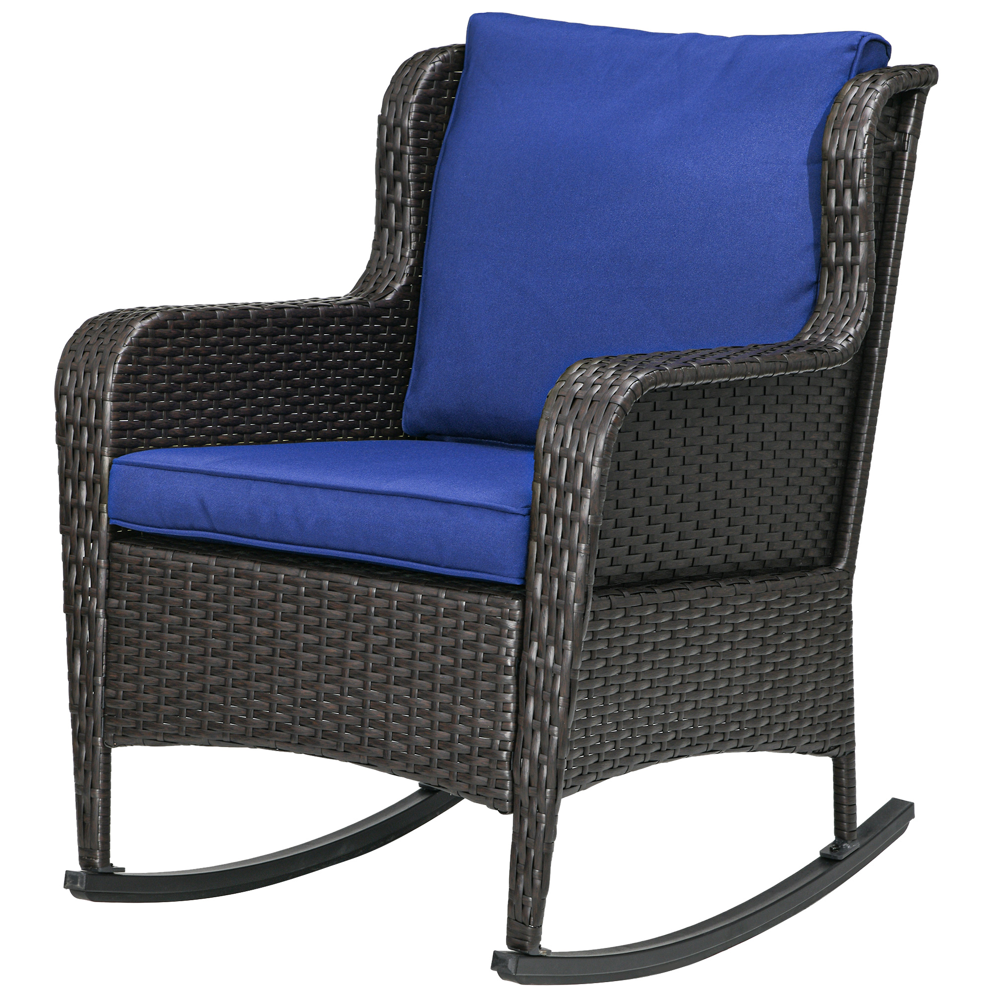 Outsunny Outdoor Wicker Rocking Chair Rattan Rocker w/ Cushion, Steel Frame, High Weight Capacity for Patio, Garden, Dark Blue