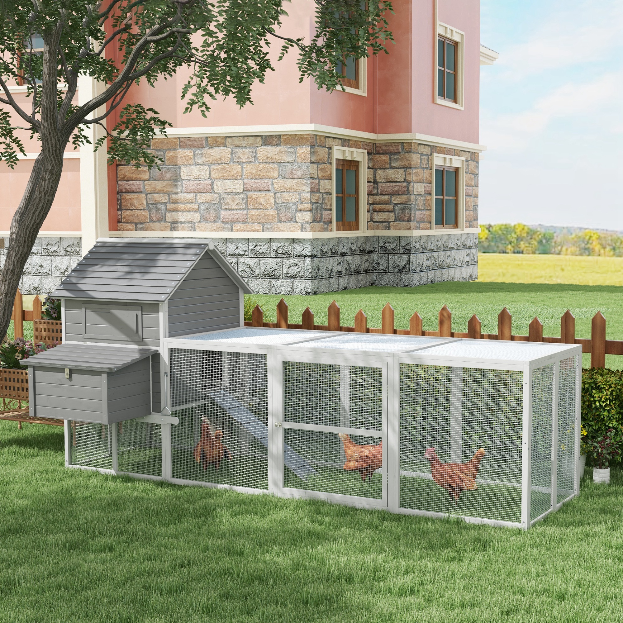 PawHut Wooden Chicken Coop with Nesting Boxes, Run, Doors, Tray, Ramp ...