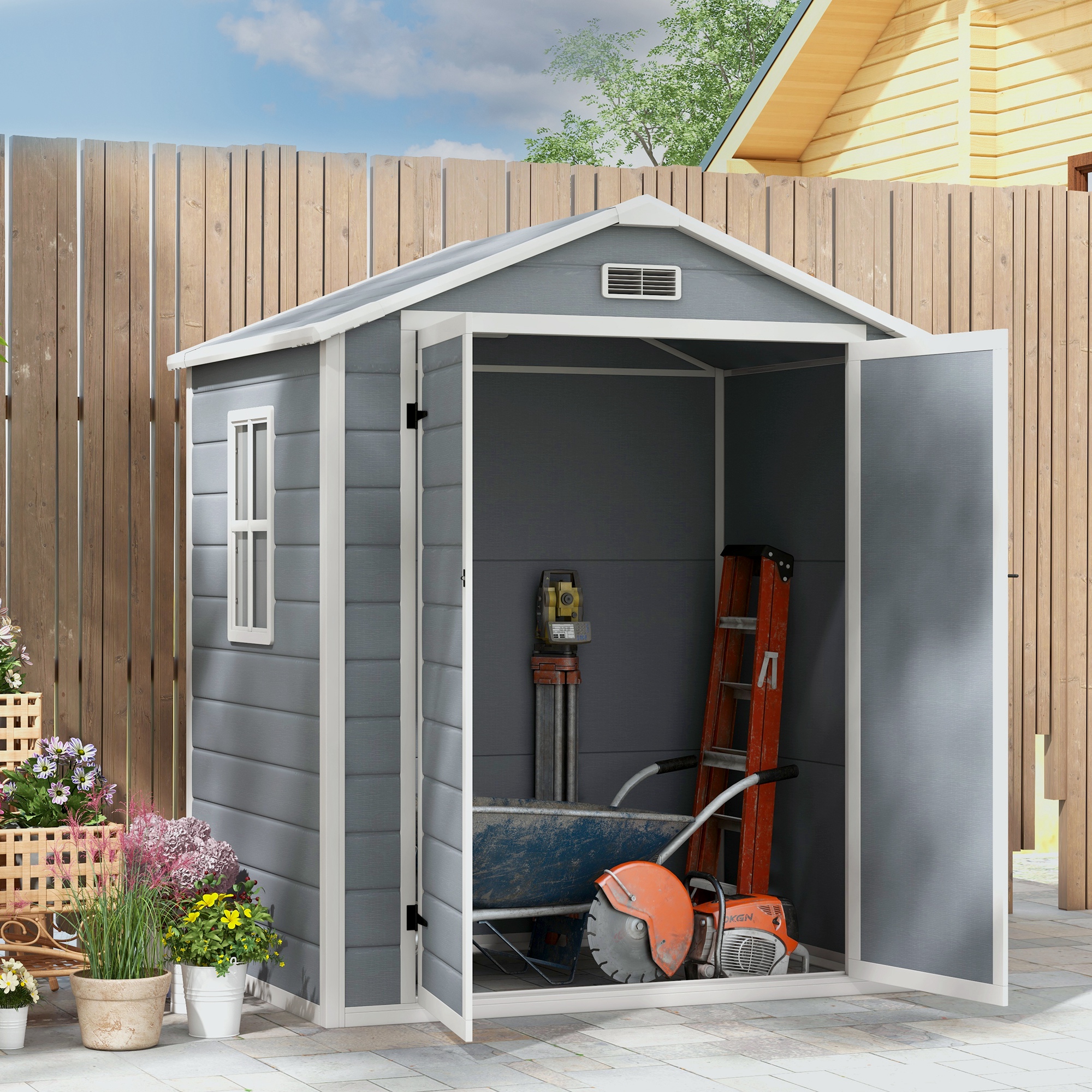 TAUS 6' X 4.4' Outdoor Storage Shed – Resin Garden Shed With Lockable Doors, Vent, Window – Gray – 12mm Wall