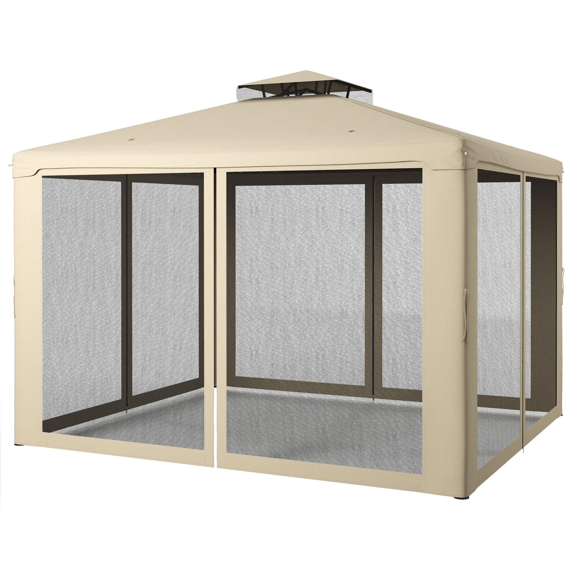 Outsunny Gazebo 9.6x11.6ft with Sides, 2-Tier Roof, Netting, Drainage Holes, Mosquito Net, Taupe, for Patio Party | Aosom.com