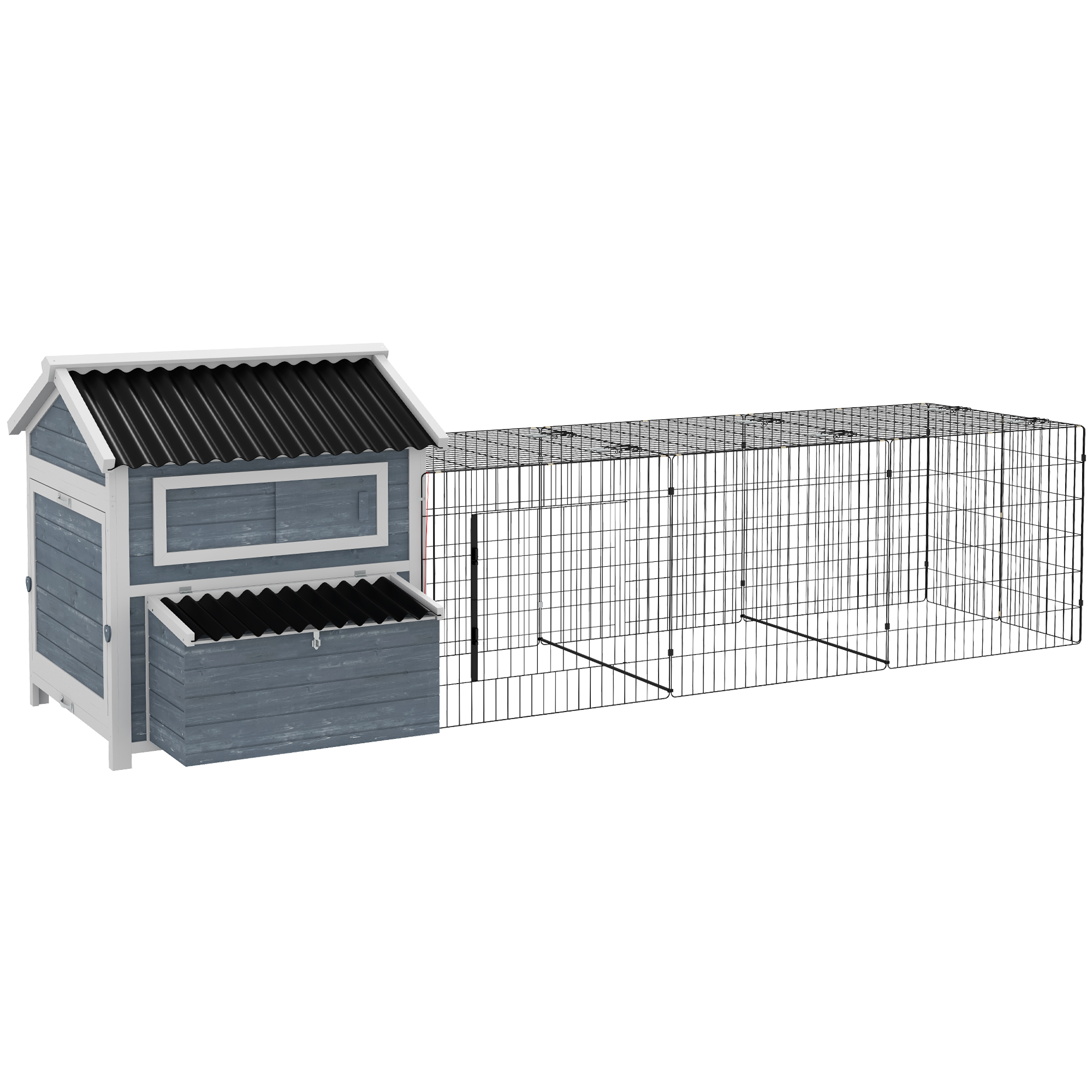 PawHut 11x5x3.5 ft Wooden Chicken Coop, Nesting Box &amp; Run Included, Dark Gray, Suitable for 2-4 Chickens, Easy Clean with Pull-out Tray | Aosom.com