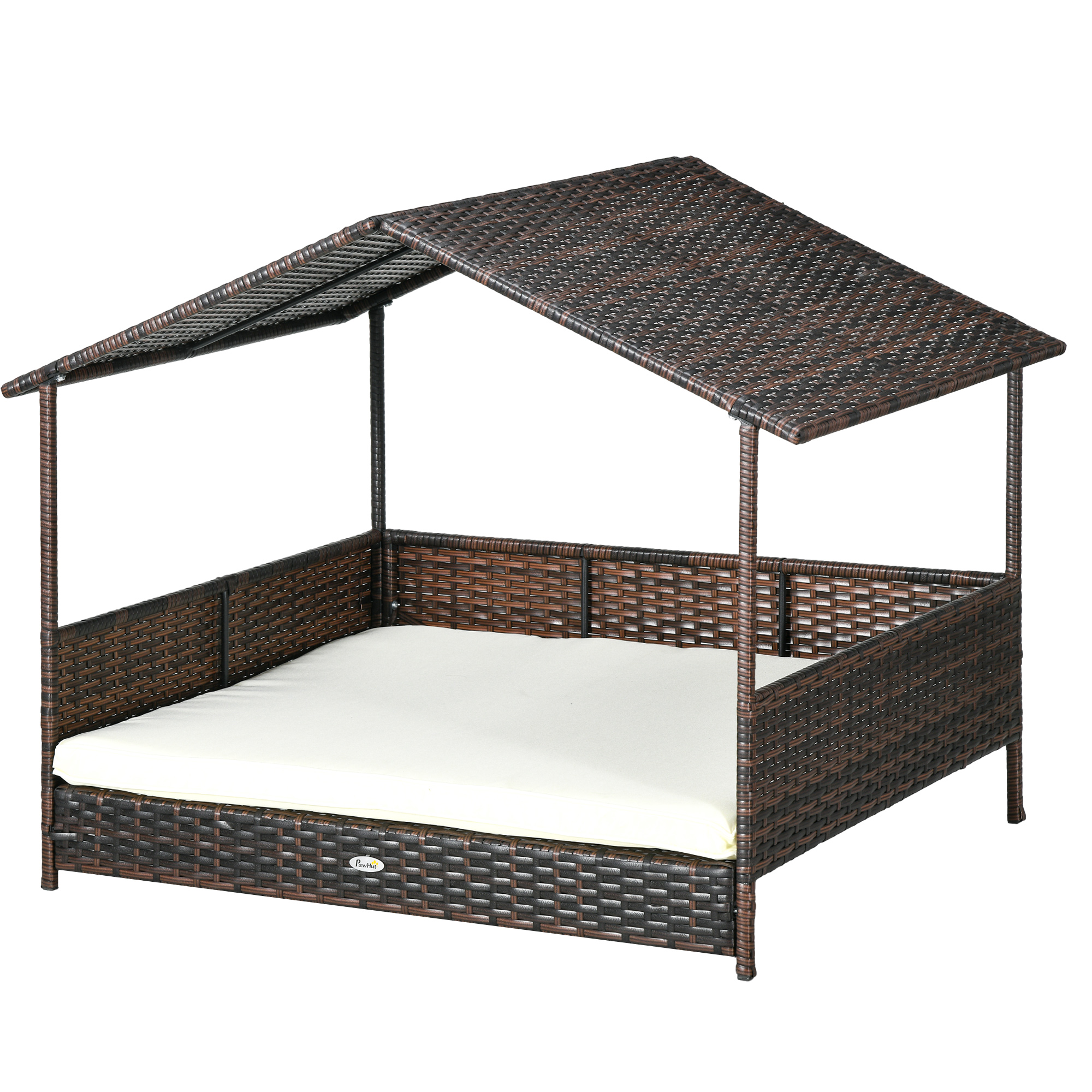 PawHut Rattan Outdoor Dog Bed with Canopy Soft Cushion Removable Cover Medium Large Dogs Cream White | Aosom.com