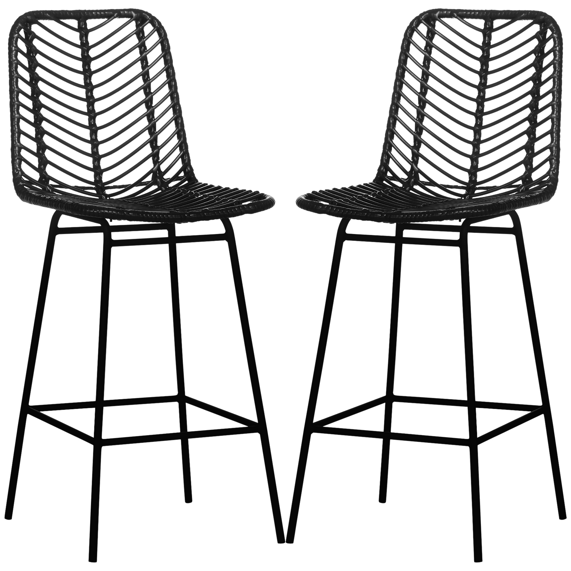 HOMCOM Set of 2 Rattan Barstools Wicker Counter Stools with Steel Legs and Footrest for Dining Room Kitchen Pub Black