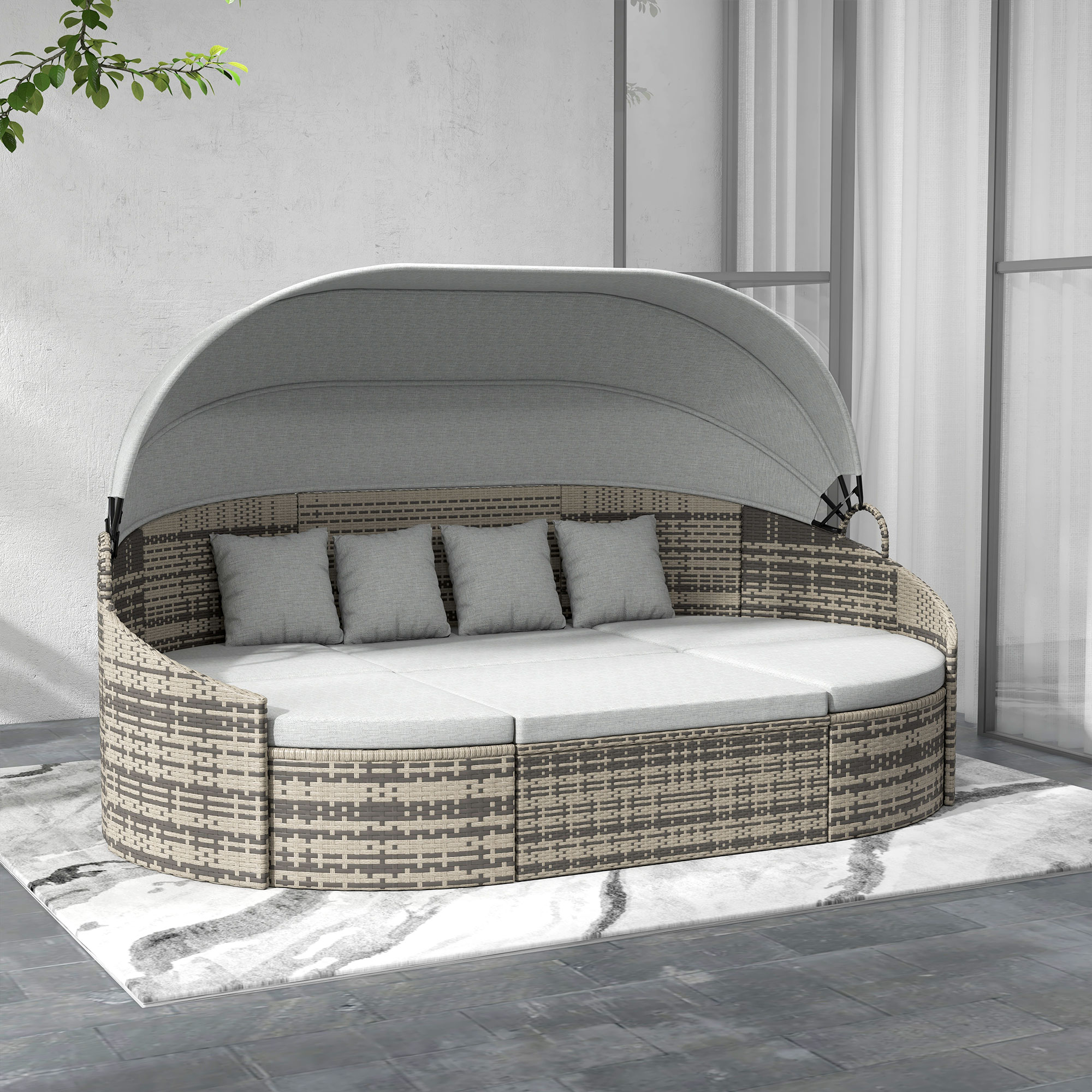 Outsunny 4 Pieces Patio PE Wicker Round Daybed, Outdoor Rattan Garden