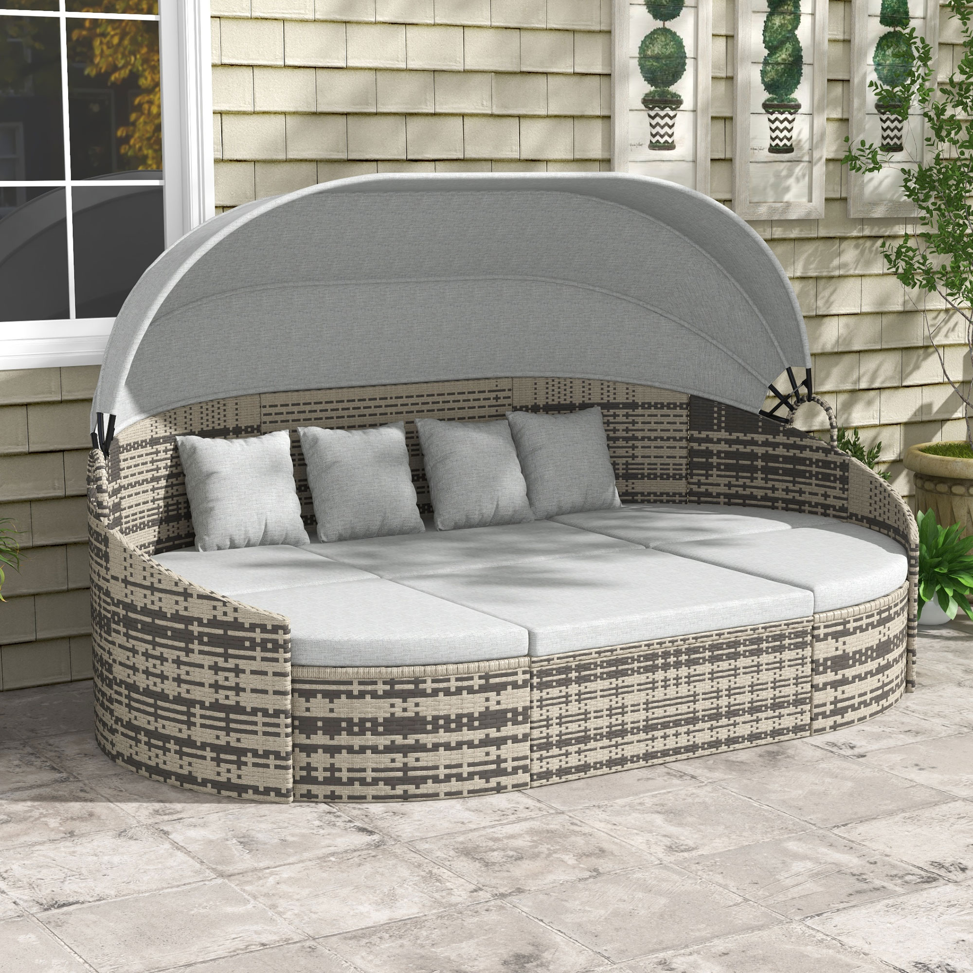 Outsunny 4 Pieces Patio PE Wicker Round Daybed, Outdoor Rattan Garden ...