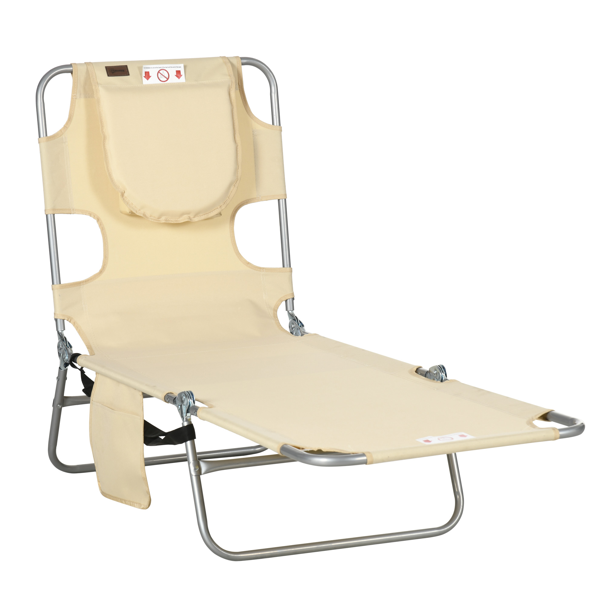 Outsunny Adjustable Sun Lounger Folding Outdoor Chaise with Face Hole &amp; Pillow for Pool Beach Tanning Beige | Aosom.com