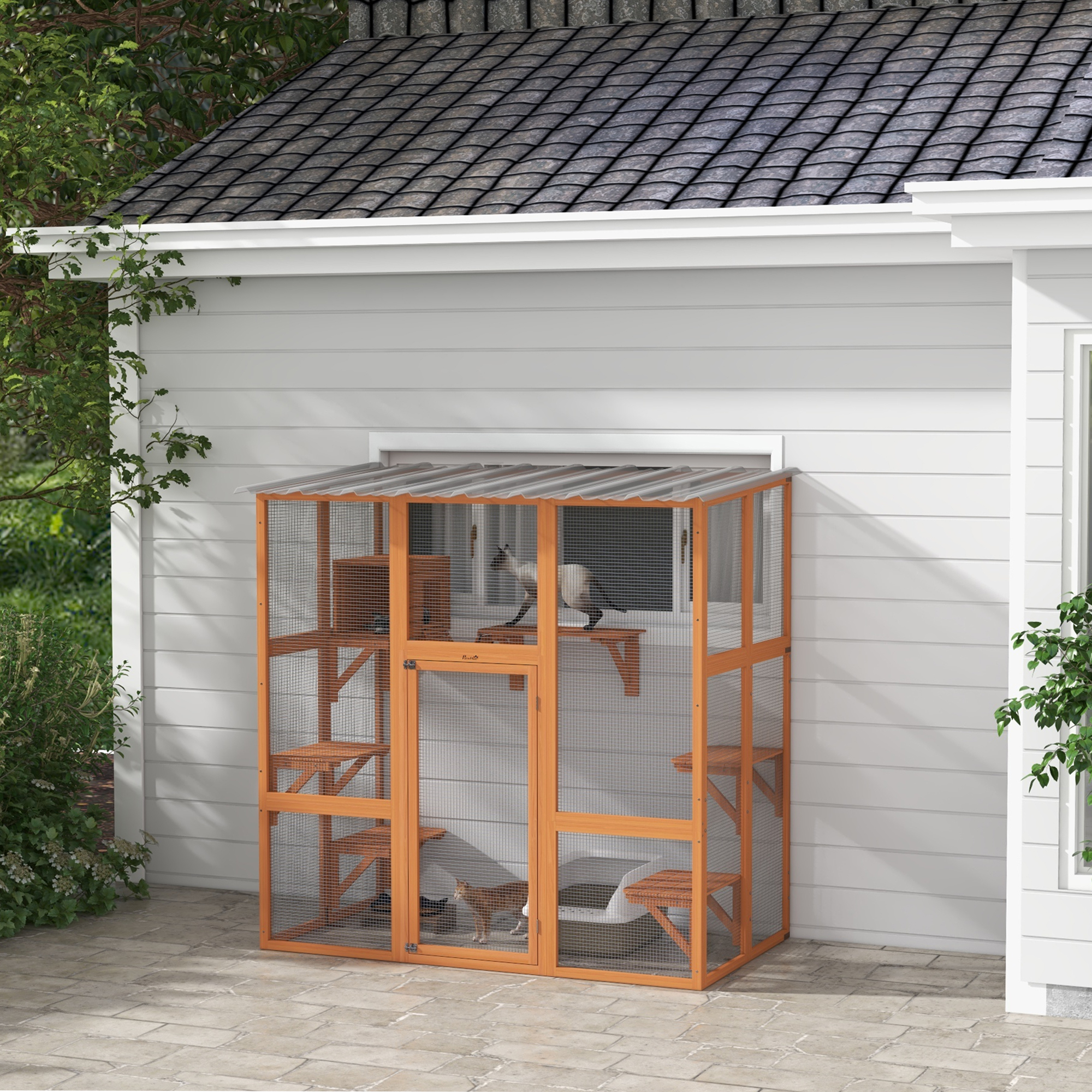 PawHut Outdoor Cat Enclosure Window Box with Weatherproof Roof, Bridge ...