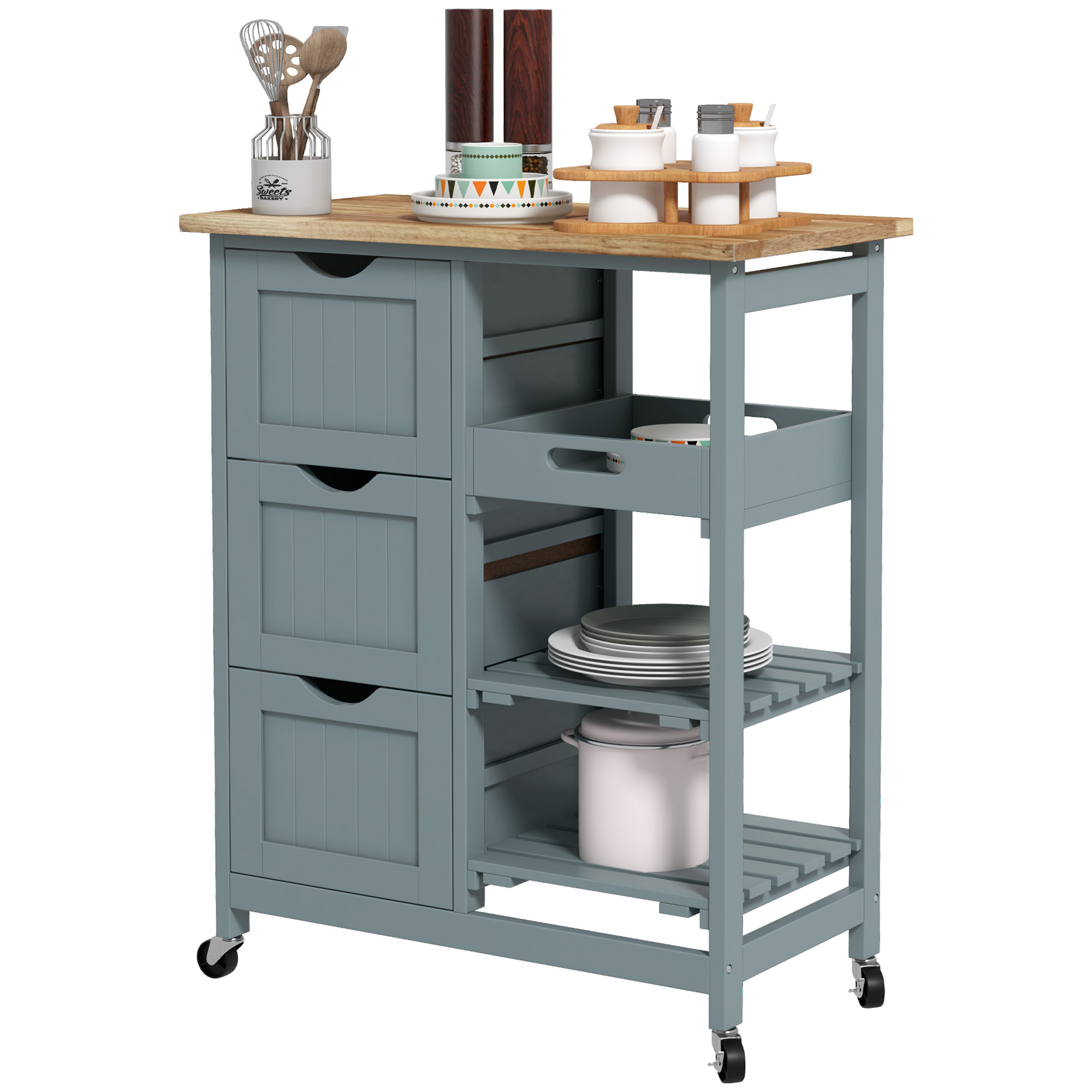 SEGAWE Kitchen Island Rolling Wood Trolley Cart With Storage Drawers – Pine, Brown