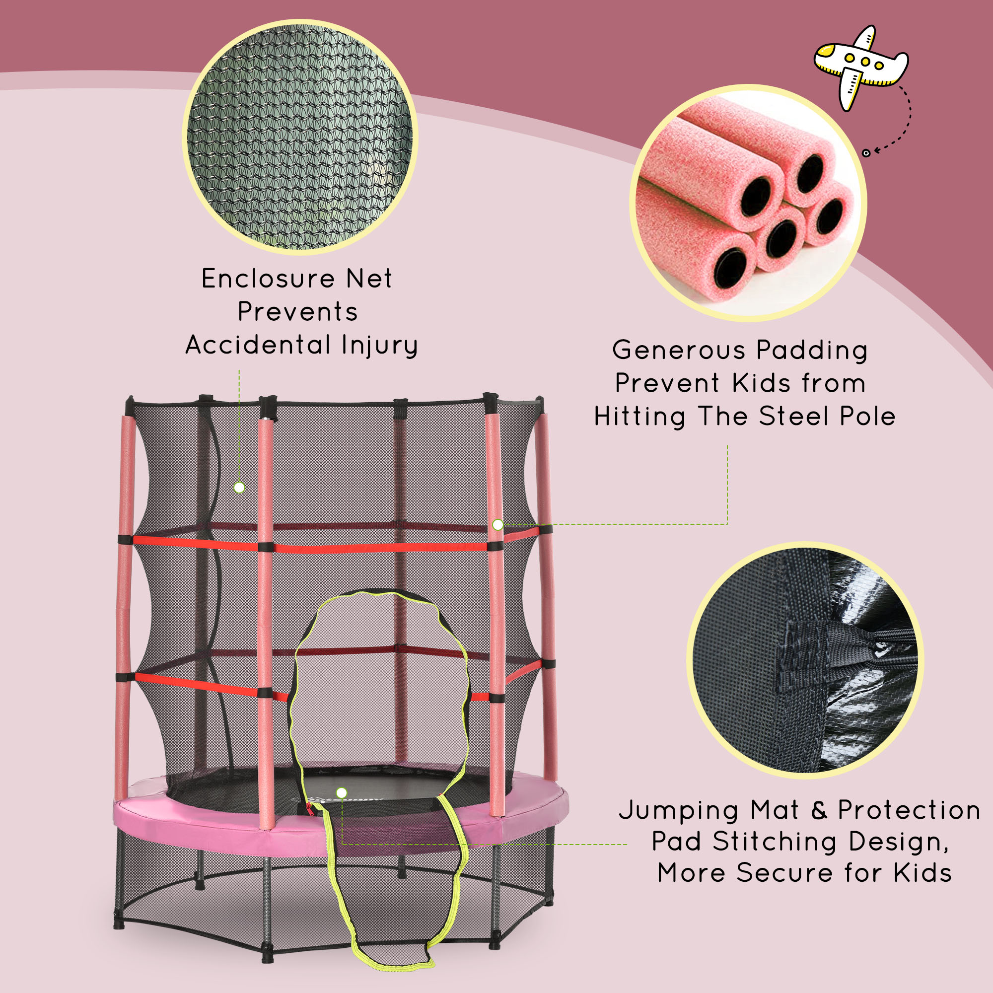 Outsunny 5FT Pink Kids Trampoline with Enclosure Net, Safe Bouncing, for Ages 3 to 6, Indoor/Outdoor Use | Aosom.com 4