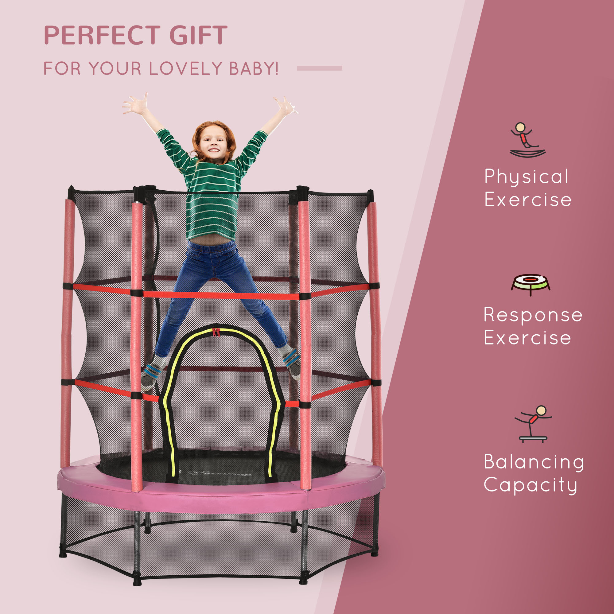 Outsunny 5FT Pink Kids Trampoline with Enclosure Net, Safe Bouncing, for Ages 3 to 6, Indoor/Outdoor Use | Aosom.com 2