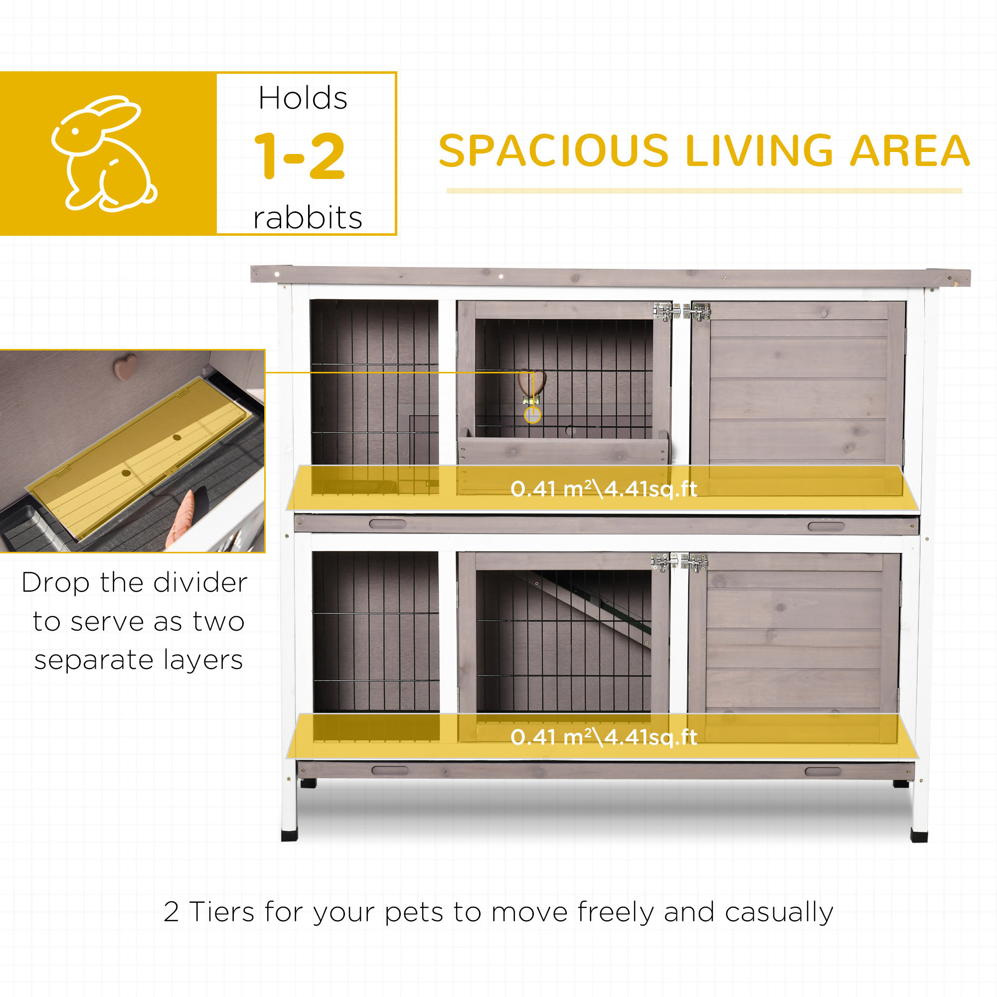 PawHut 2 Tier Rabbit Hutch with Feeding, Removable Tray, Ramp, Doors ...