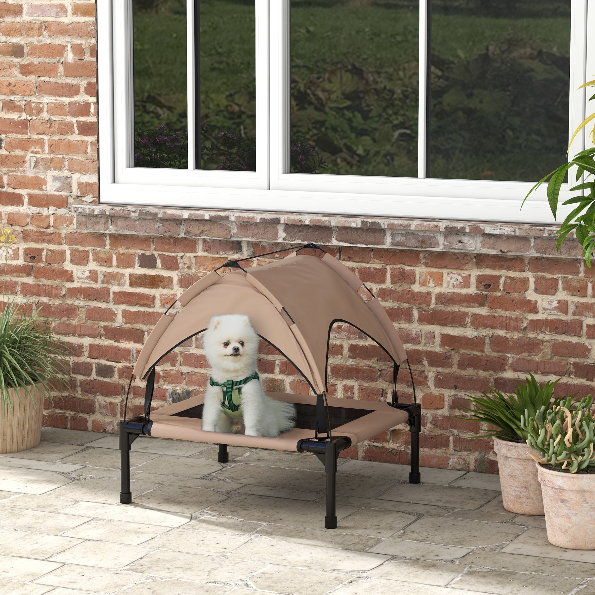 PawHut Elevated Dog Bed Outdoor Cooling Pet Cot with Canopy Washable Breathable Mesh Small Medium Dogs Coffee Aosom Canada