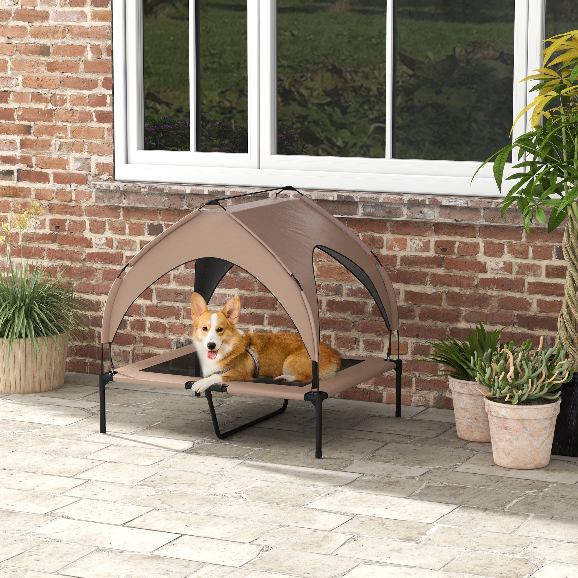 PawHut Elevated Dog Bed Outdoor Cooling Pet Cot with Canopy Washable Breathable Mesh Medium Large Dogs Coffee Aosom Canada