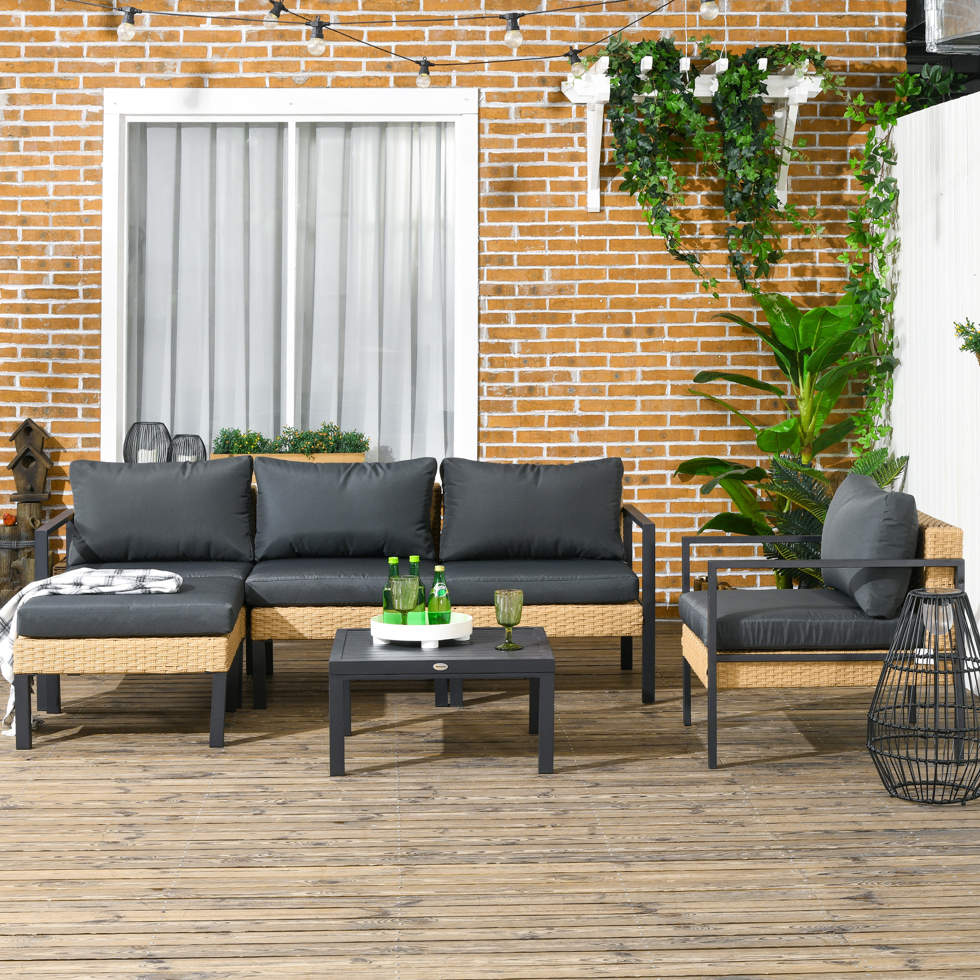 Outsunny 6-Piece Outdoor Wicker Patio Furniture Set, Sofa, Armchair, Stool, Table, Cushions, Conversation Sofa Set | Aosom Canada
