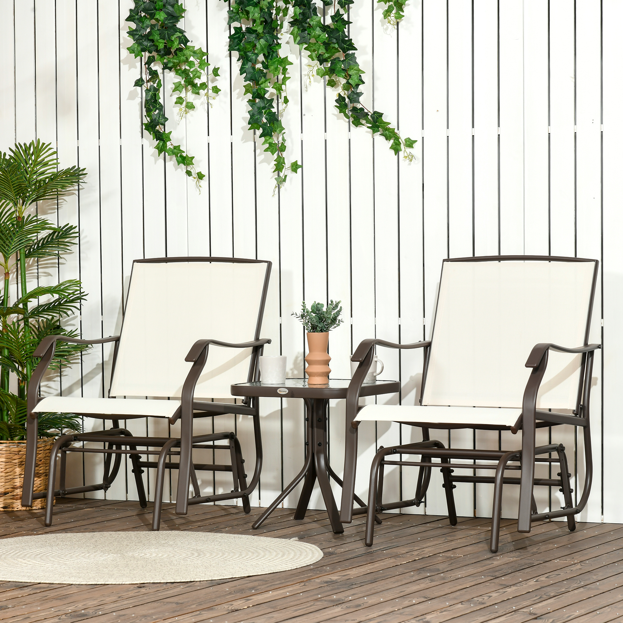 Outsunny 3 Piece Patio Glider Set Outdoor with Breathable Mesh Seat Glass Top Table Garden Yard Cream White Aosom Canada