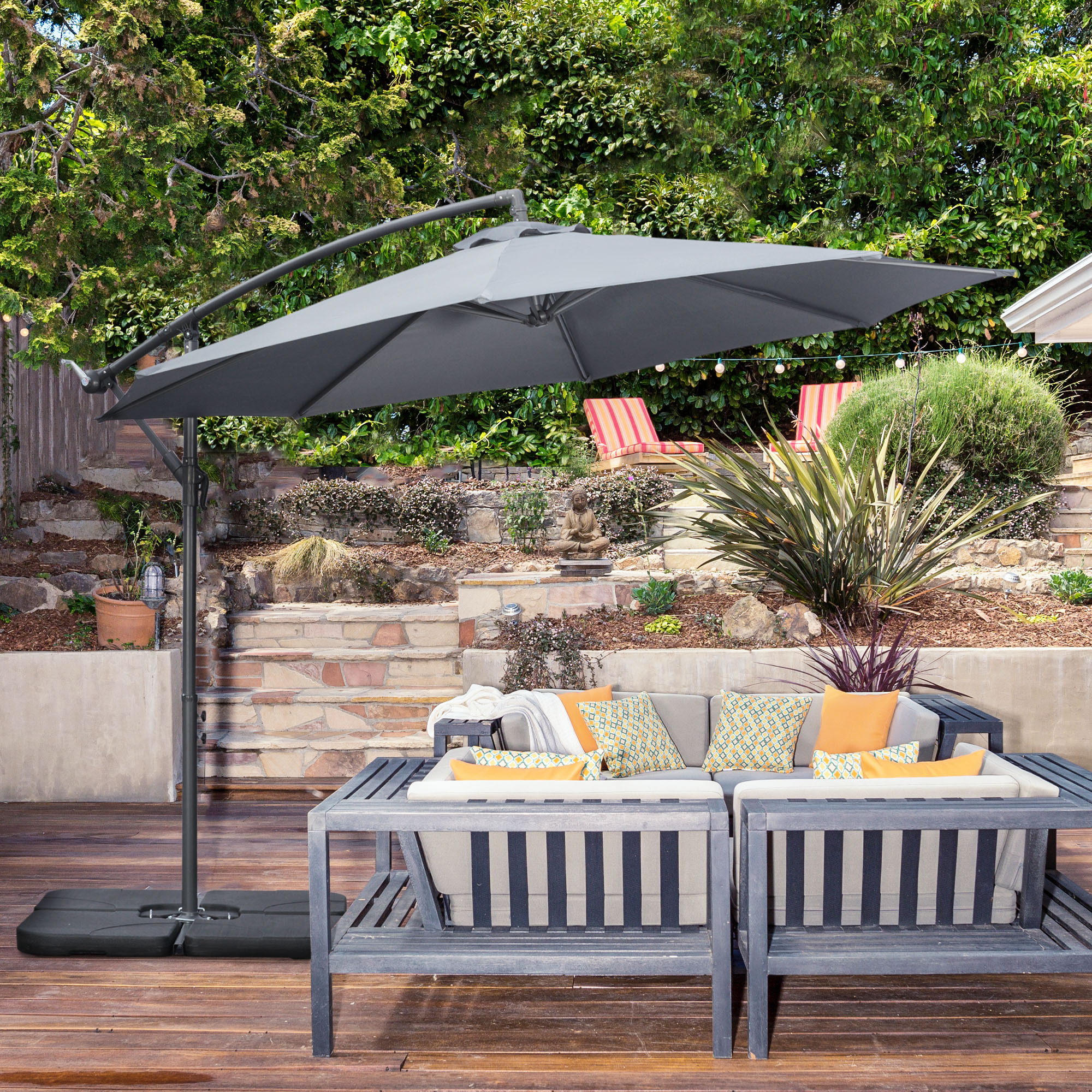 Outsunny 9.6ft Offset Patio Umbrella Garden Hanging Parasol Banana Cantilever with Base Crank Dark Grey | Aosom Canada
