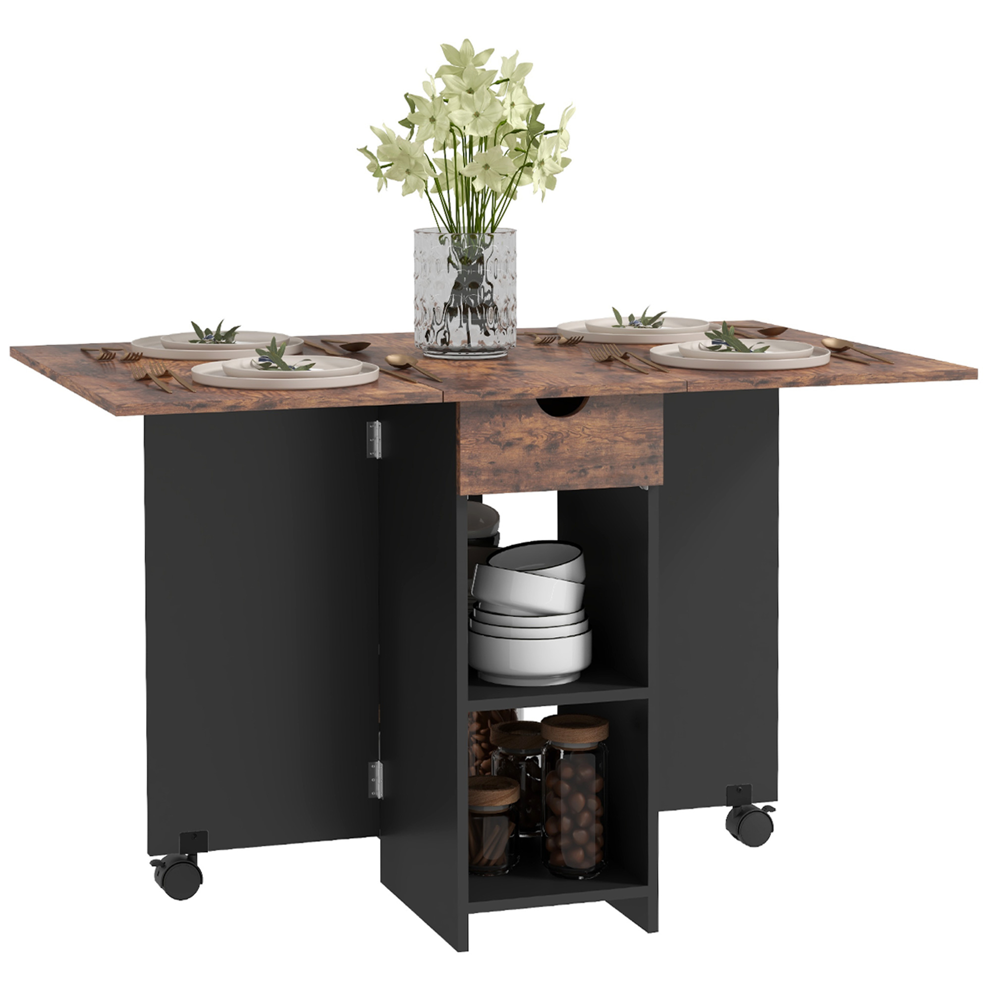 HOMCOM Folding Dining Table with Storage, Drop Leaf Kitchen Table with Drawer and Shelves for ...