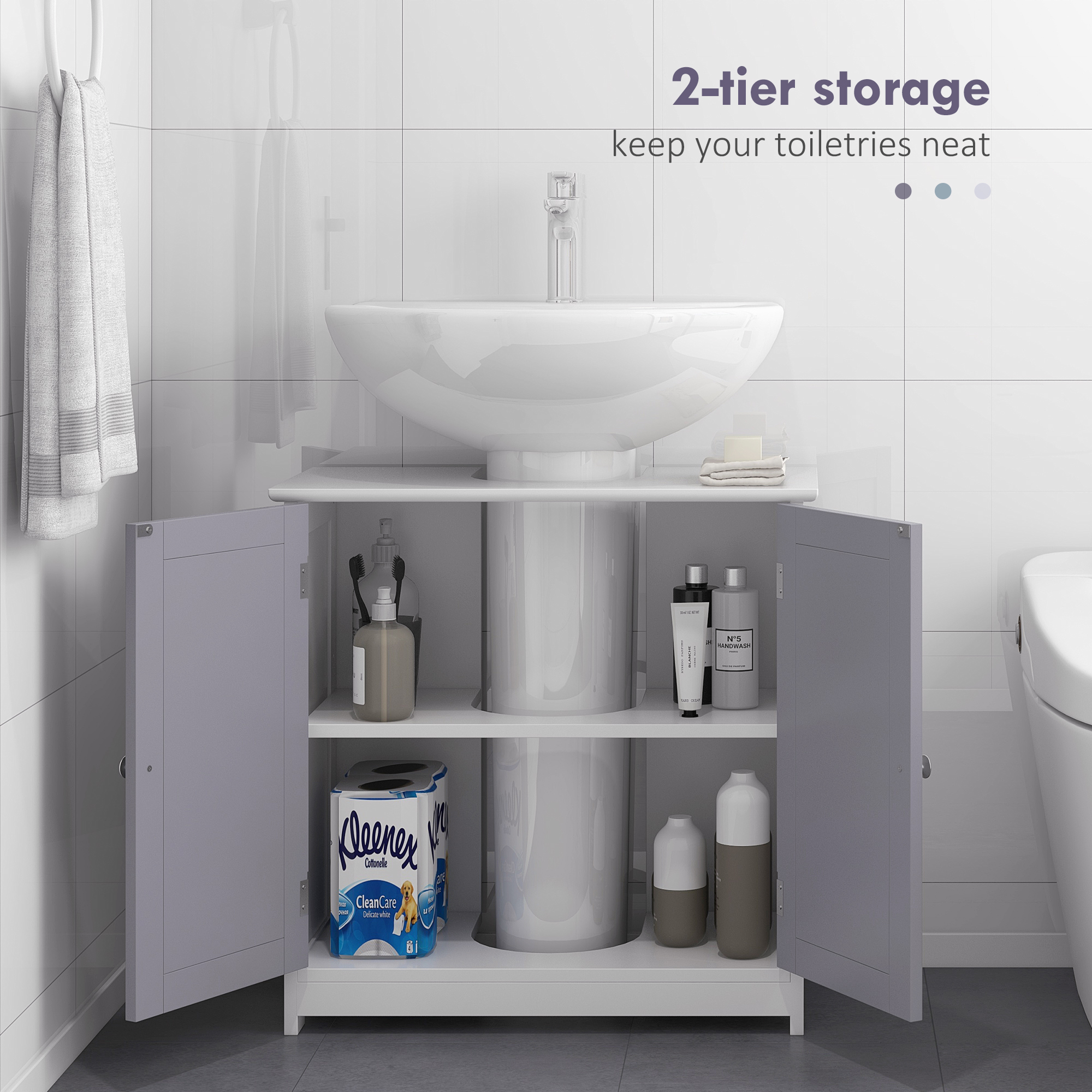 kleankin Bathroom Vanity Cabinet, Sink Cabinet with U-Shape Cut-Out, Adjustable Shelf, White and Gray | Aosom.com 3