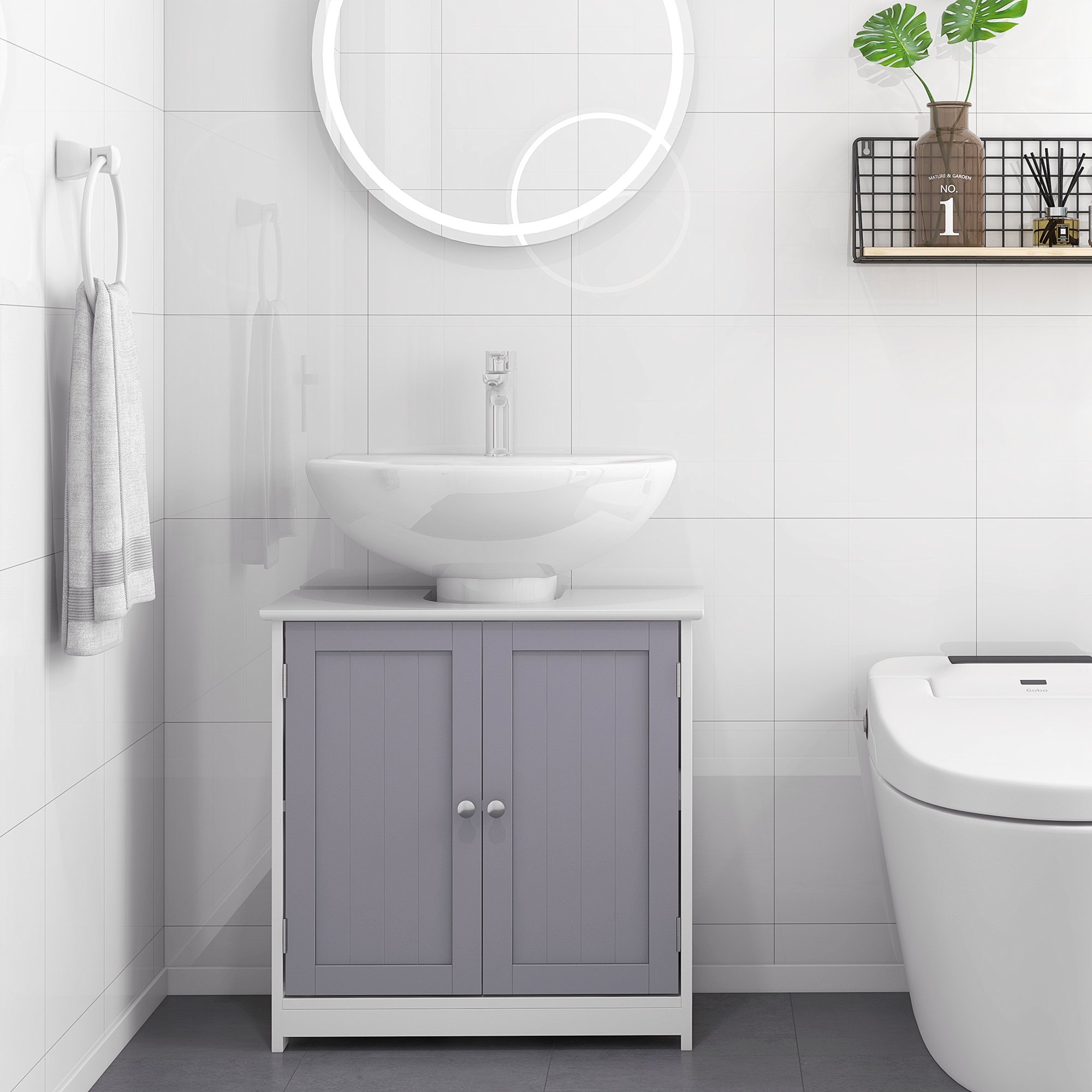 kleankin Bathroom Vanity Cabinet, Sink Cabinet with U-Shape Cut-Out, Adjustable Shelf, White and Gray | Aosom.com 5