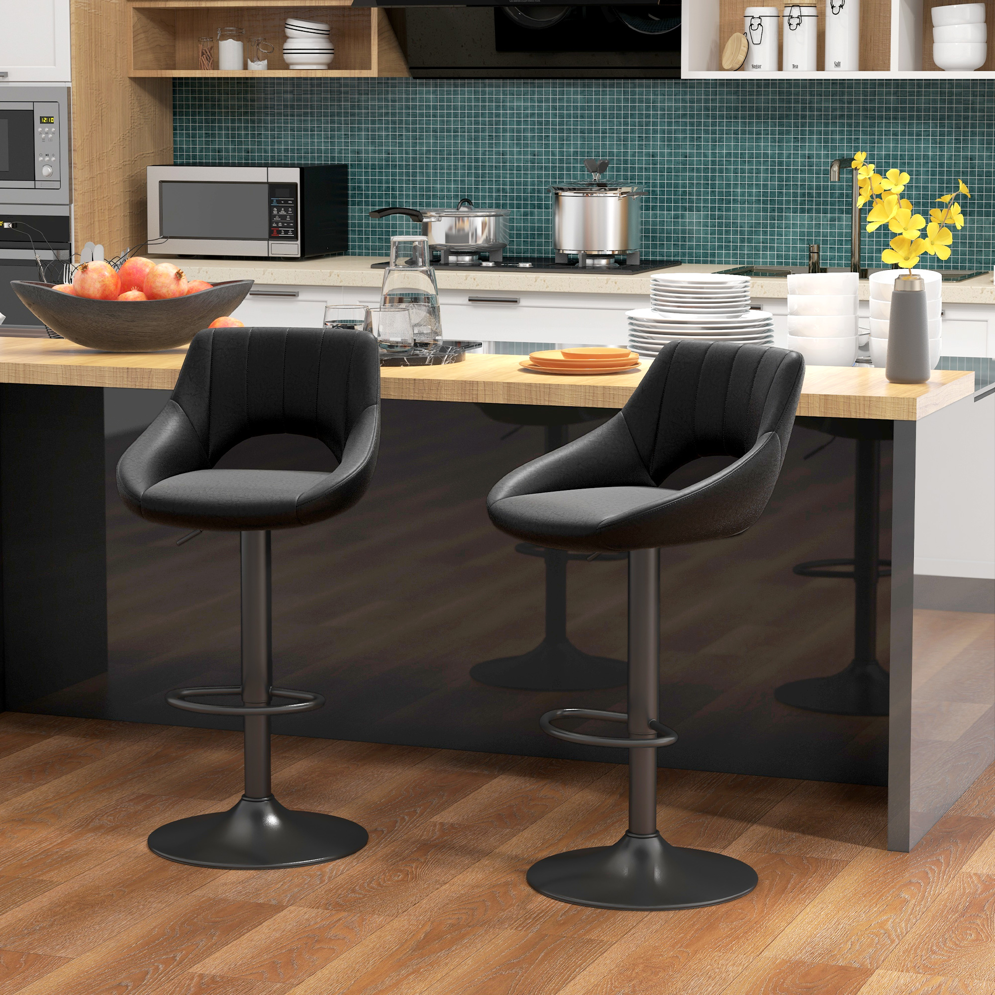 HOMCOM Swivel Bar Stool Set of 2 with Footrest Faux Leather Kitchen Stools with Low Back Round Metal Bases Aosom Canada