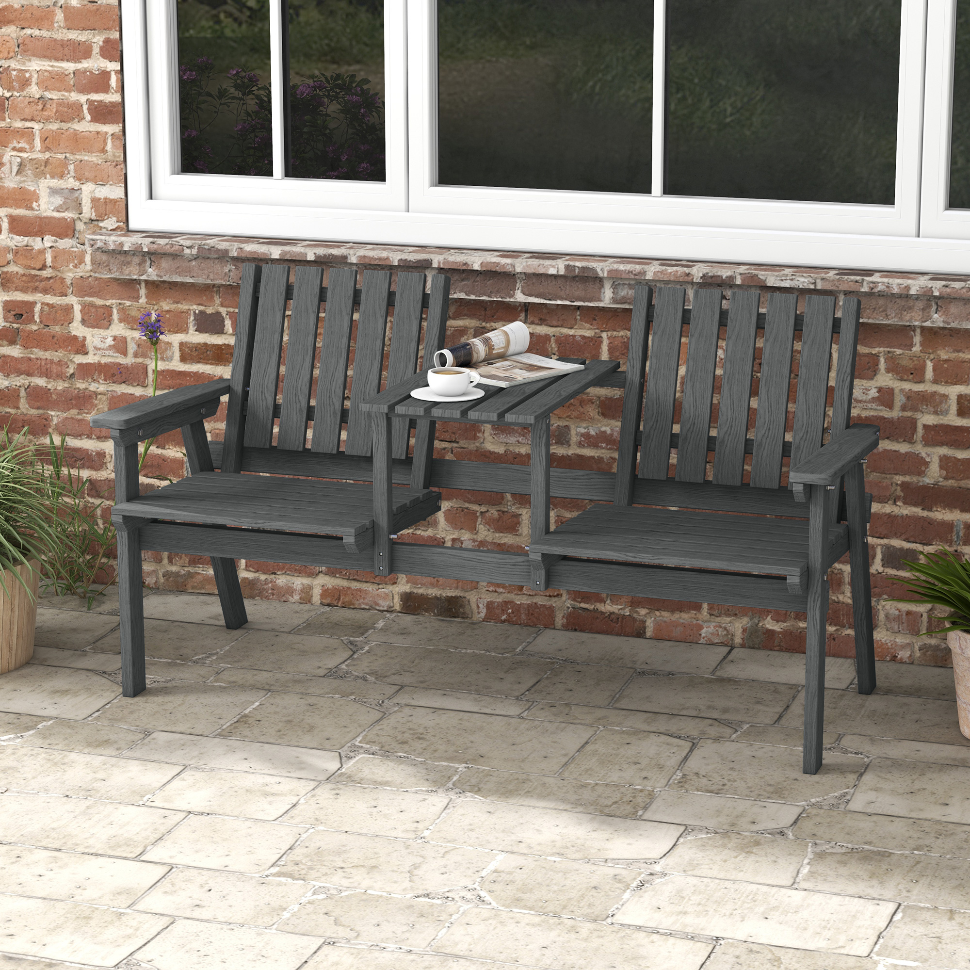 Outsunny Garden Bench for 2 Persons with Middle Table and Umbrella Hole ...