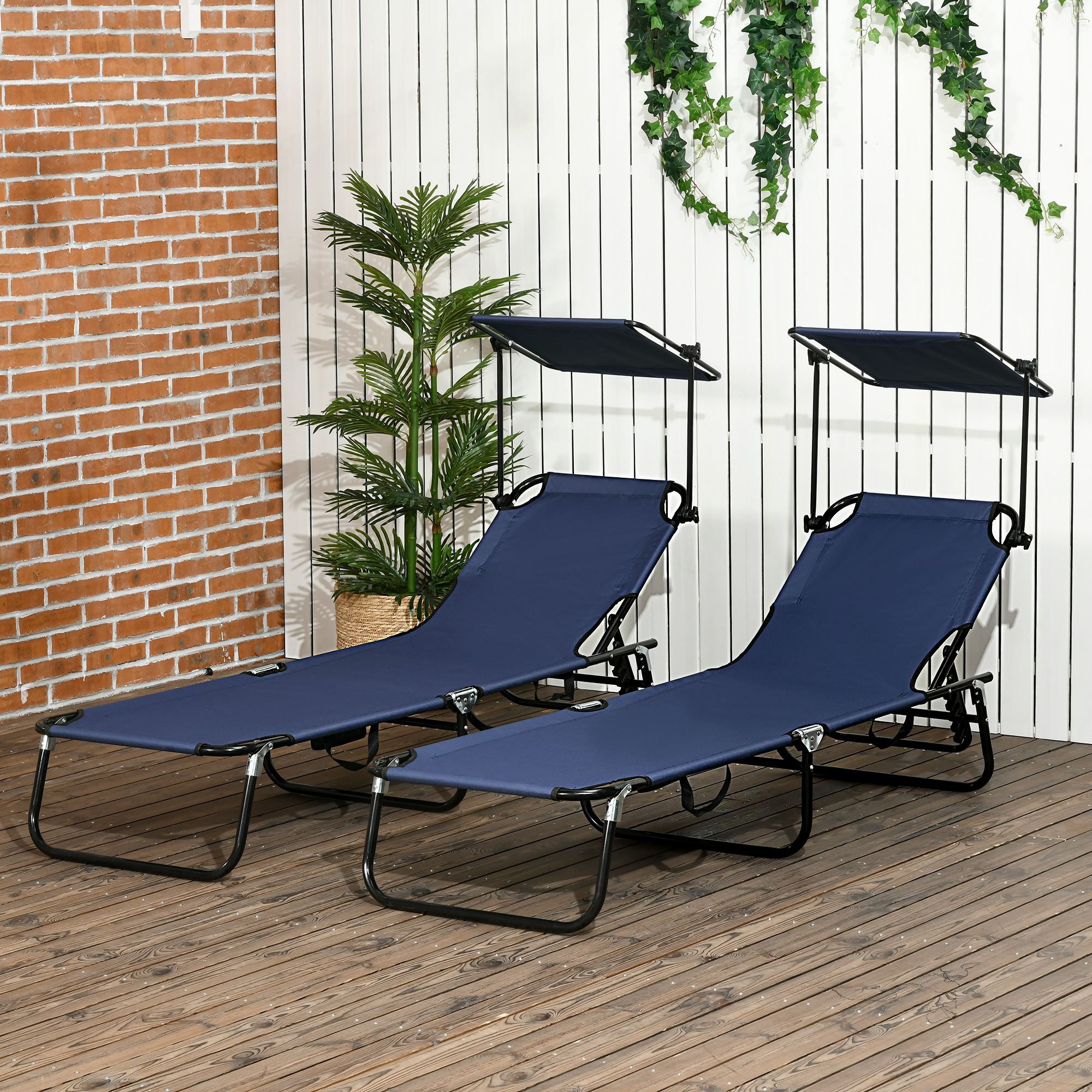 Outsunny Outdoor Chaise Lounge Chairs Set of 2 with Recliner Back and Sunshade for Pool Beach Patio Blue Aosom Canada